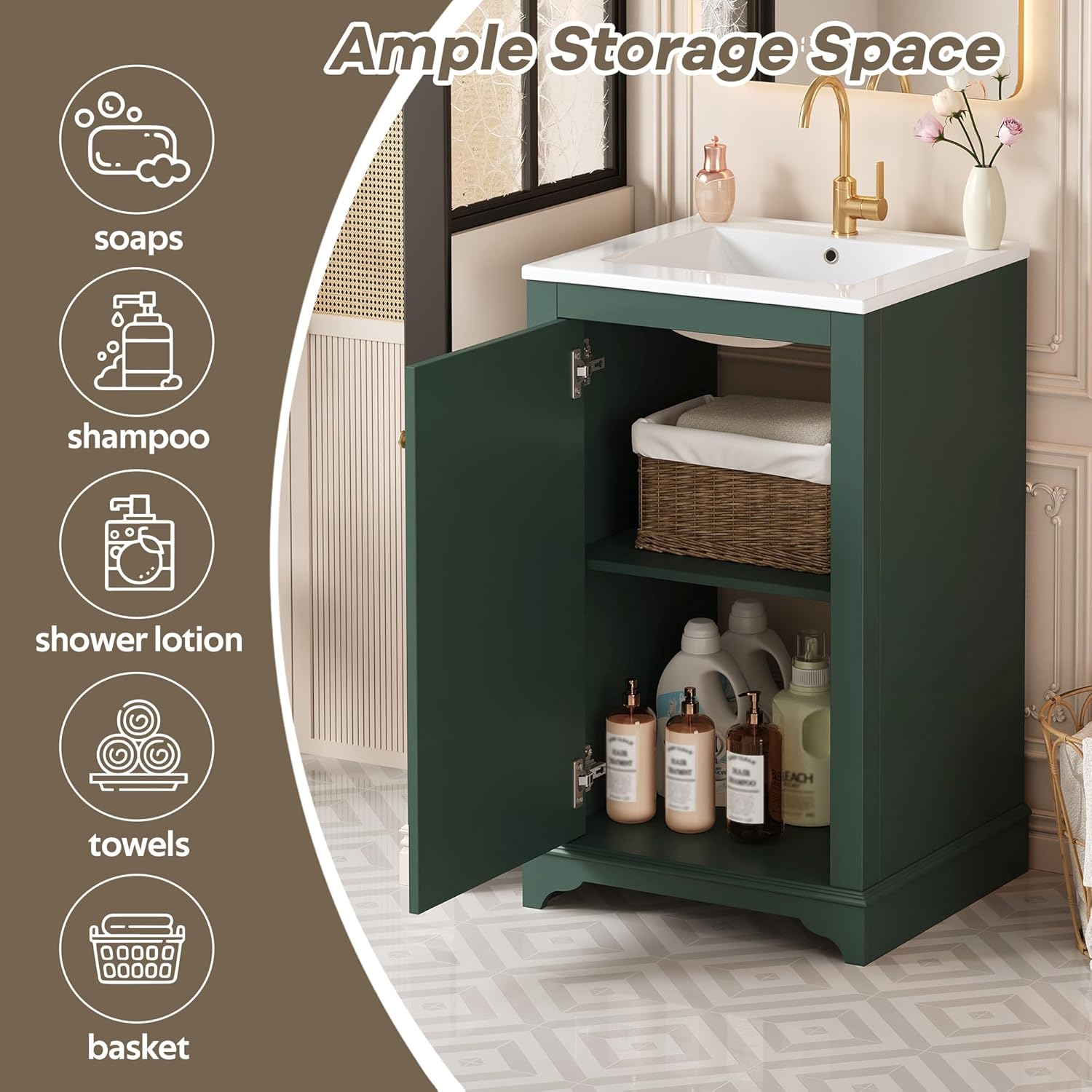 Merax 20' Narrow Bathroom Vanity with Ceramic Sink, Freetanding Modern Single Vanity Set with Soft Closing Door and Adjustable Shelf (Green)