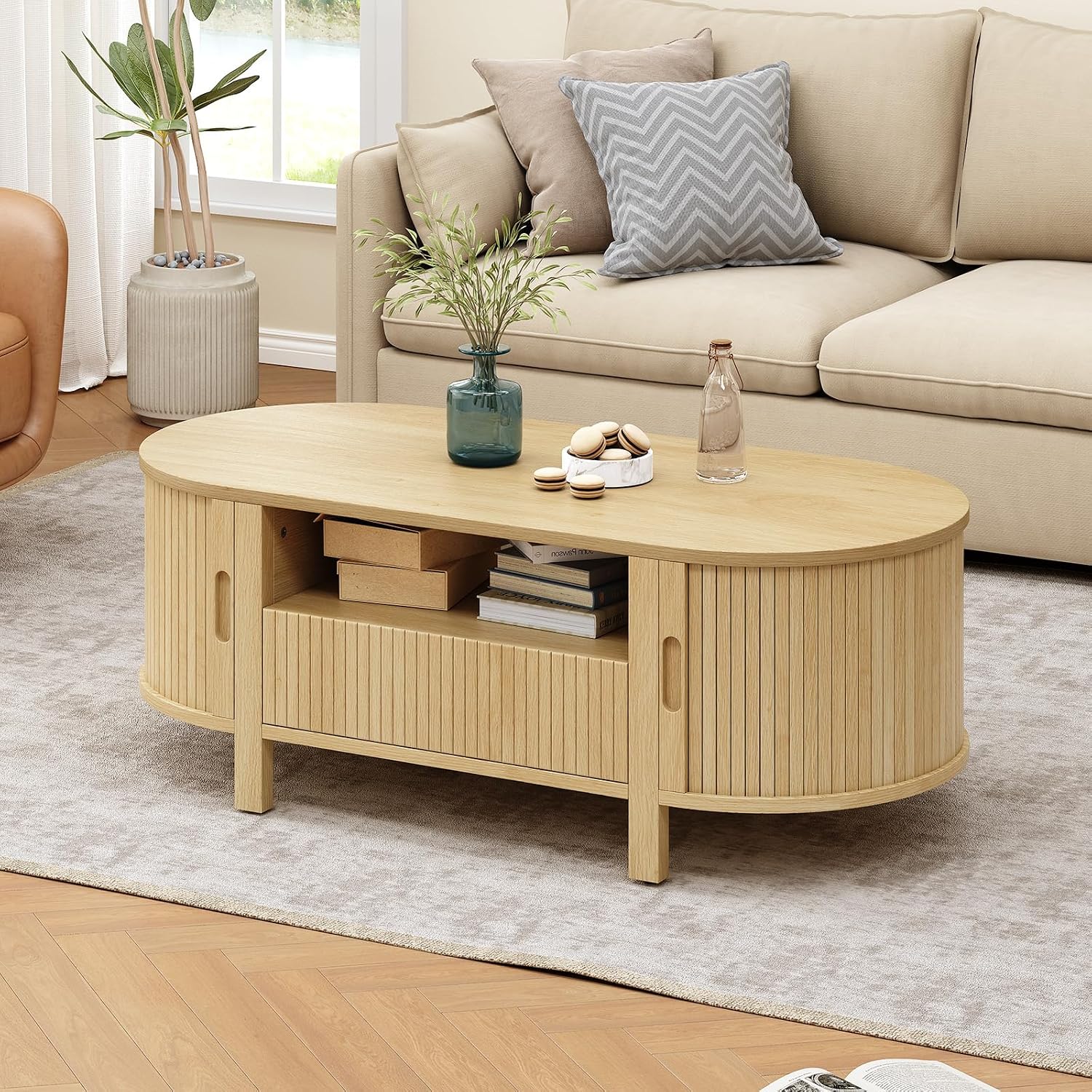 ONBRILL 47.2 Inch Oval Coffee Table with Storage, Mid Century Modern Coffee Table with Drawer, Center Table with Sliding Door and Wood Fluted Handle for Living Room, Oak