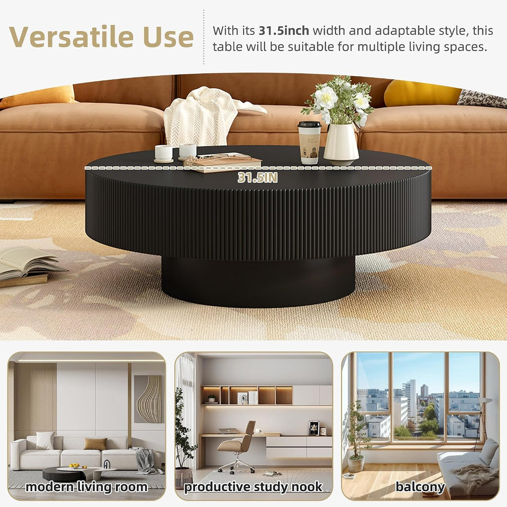 LUMISOL Round Coffee Table for Living Room, Modern Drum Center Table with Thick Tabletop, Wave Design, Fluted Circle Cocktail Table with Sturdy Base, 31.5' W*13.7' H, Black
