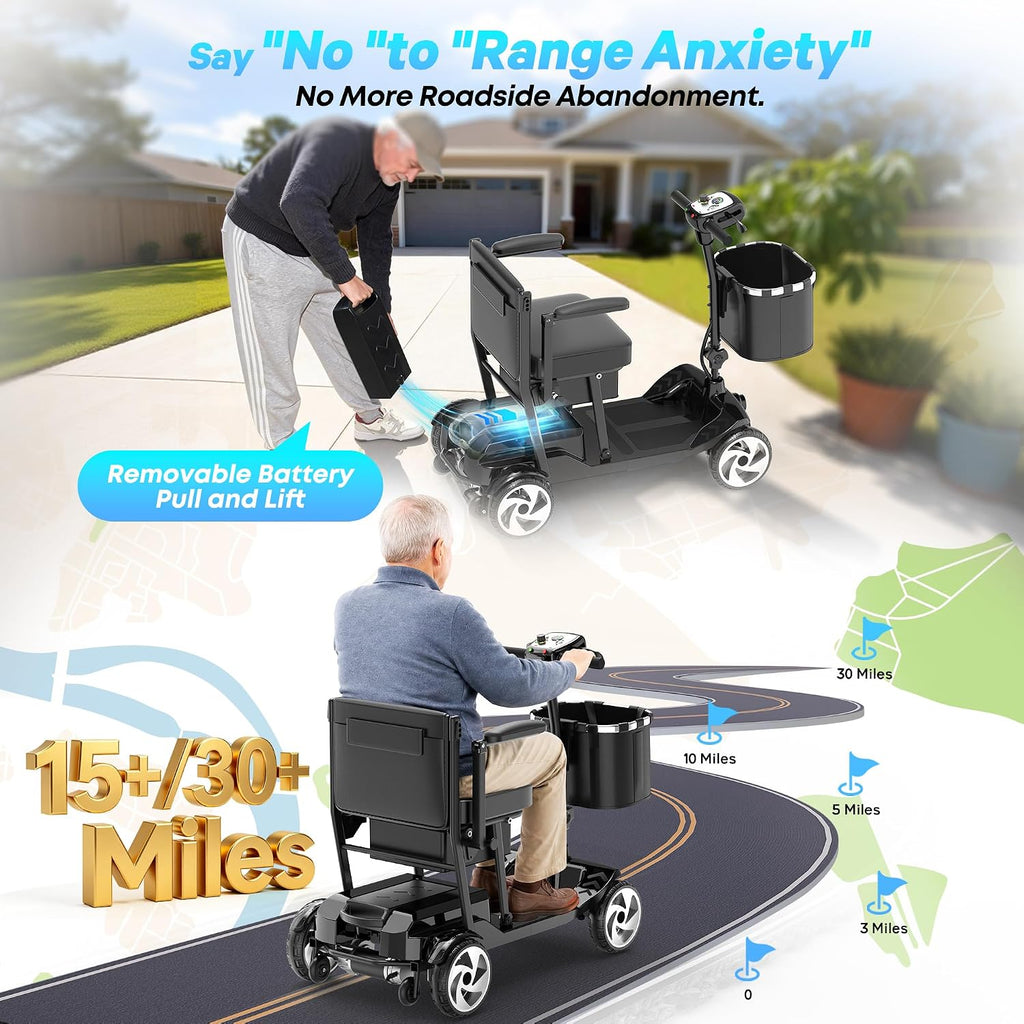Mobility Scooters, Lightweight Electric Scooters for Seniors&Adults | 49lb Aluminum Frame with Removable Battery, Foldable Motorized Scooters for Trips, Shopping, Daily Use, Lacquer Black, 10 Ah