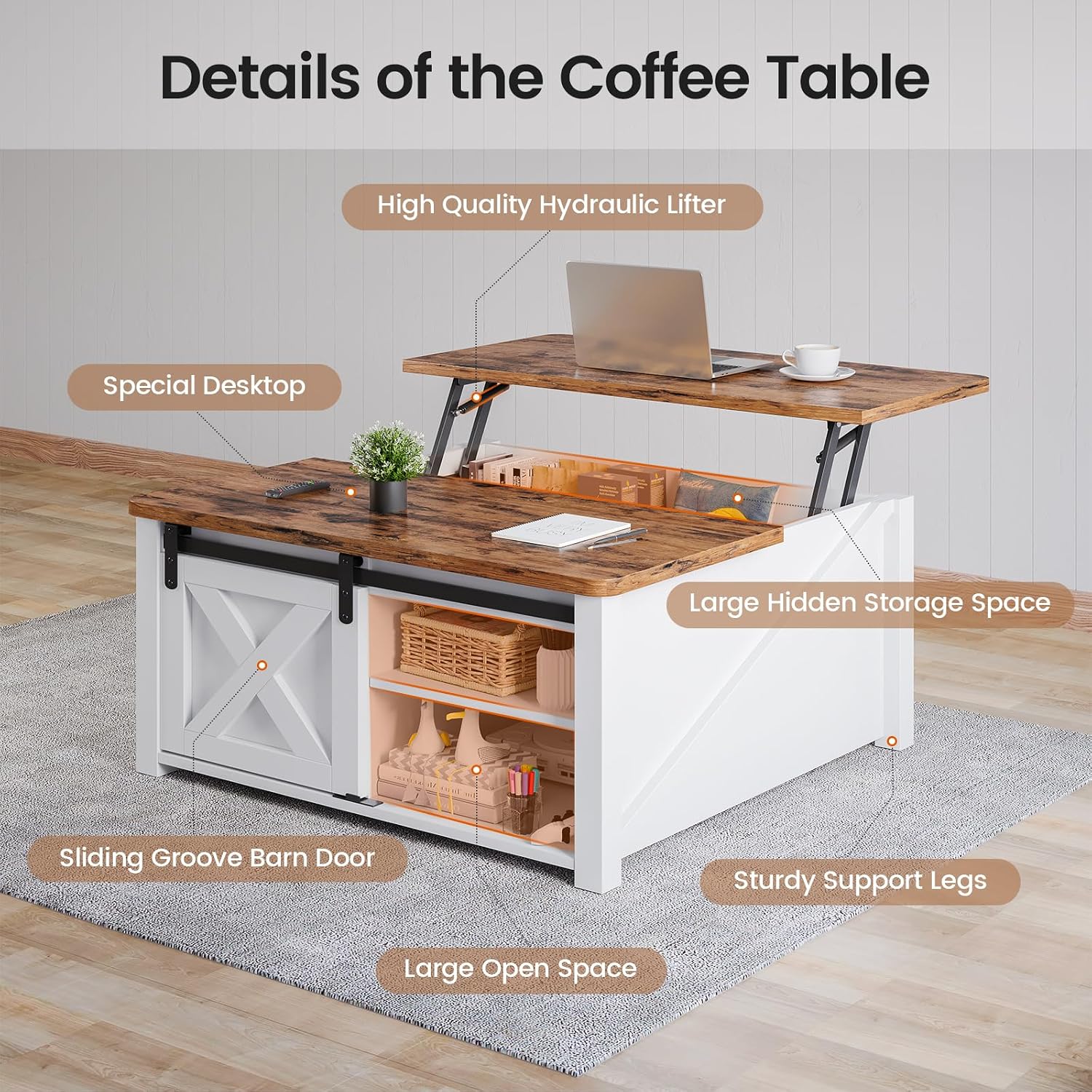 SEDETA 31.5' Lift Top Coffee Table with Storage, Square Coffee Tables for Living Room, Farmhouse Coffee Table with Large Hidden Storage Compartment and Adjustable Shelves, White