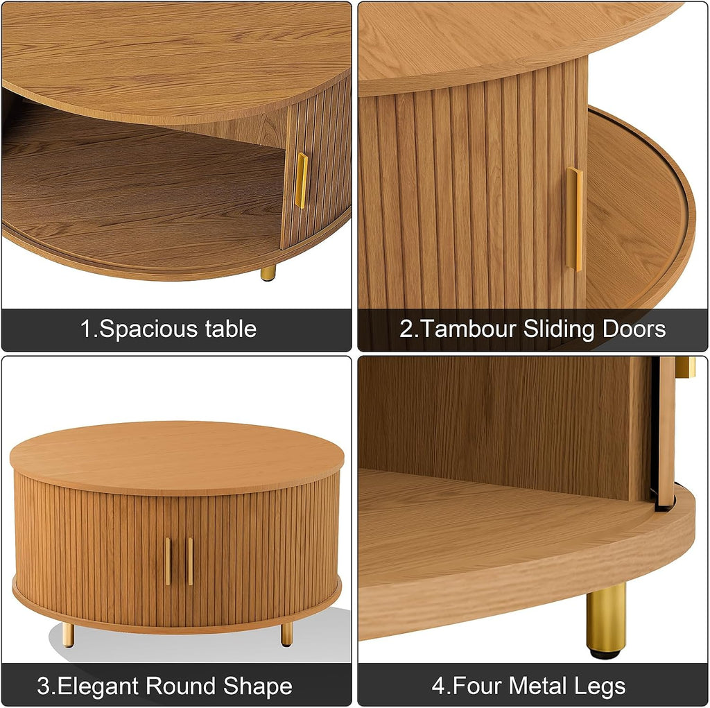 DHH Round Coffee Table, 31.5' Mid Century Modern Coffee Table with 360° Sliding Tambour Door, Fluted Accent Coffee Table with Storage,Adjustable Footpads for Living Room, Yellow Walnut