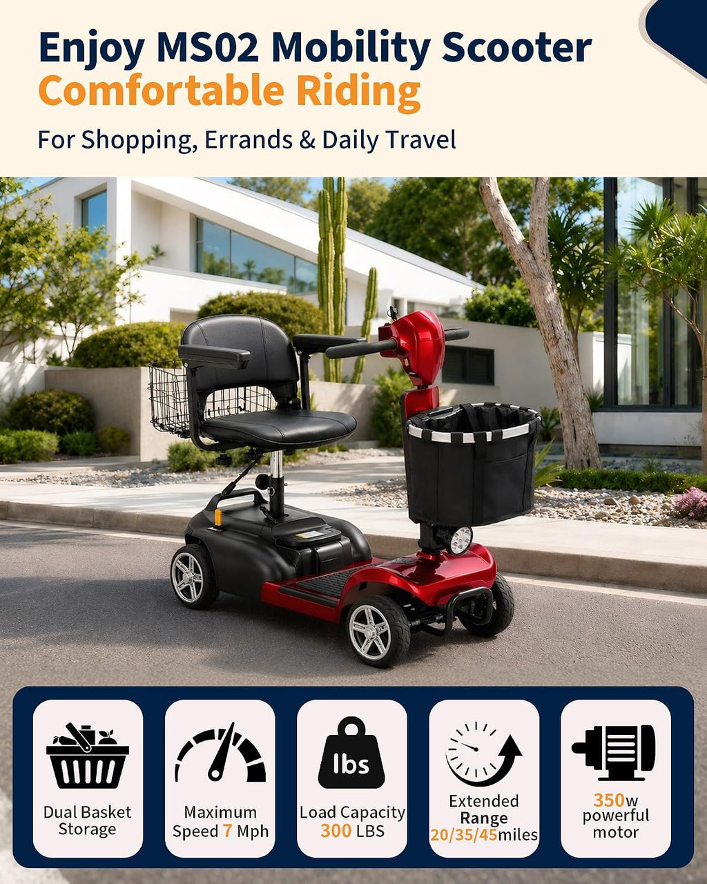 Ecomobi 20-45 Miles Mobility Scooter for Seniors & Adults, 4 Wheel Motorized Mobility Scooter for Travel, Removable Lithium Battery, 350W Motor, Dual Baskets, 300 lb Capacity, GPS Tracker,Red,30ah