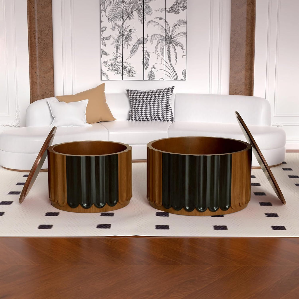 Round Nesting Coffee Table Set of 2 Wooden Round Fluted Coffee Tables with Storage, Modern Drum Side End Table Wooden Circle Accent Side Table for Living Room Bedroom, No Assembly (Brown 26.8'+19.7')