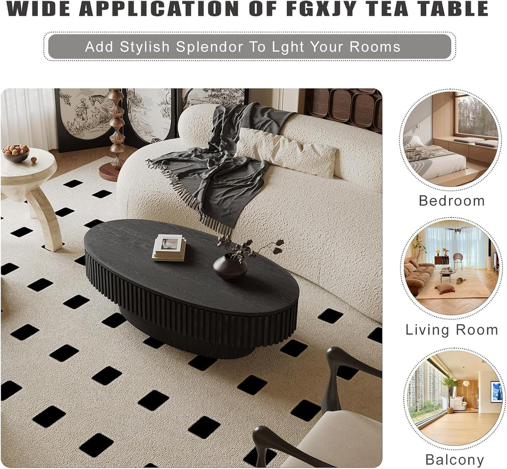 Oval Coffee Table with Storage, Modern Black Coffee Table with Solid Wood Veneered, Fluted Center Table Wood Drum Tea Table for Living Room Apartment, 47.2''L×23.6''W×14.2''H