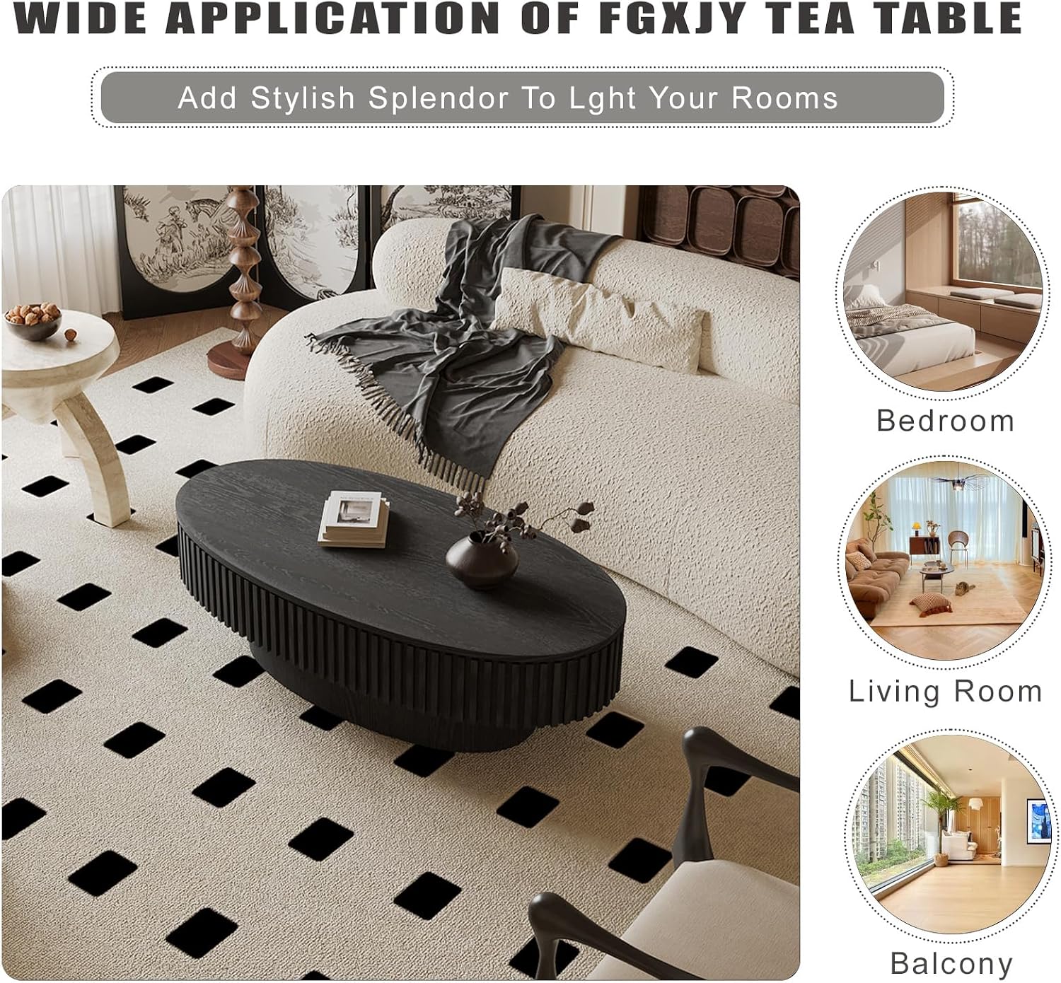 Oval Coffee Table with Storage, Modern Black Coffee Table with Solid Wood Veneered, Fluted Center Table Wood Drum Tea Table for Living Room Apartment, 47.2''L×23.6''W×14.2''H