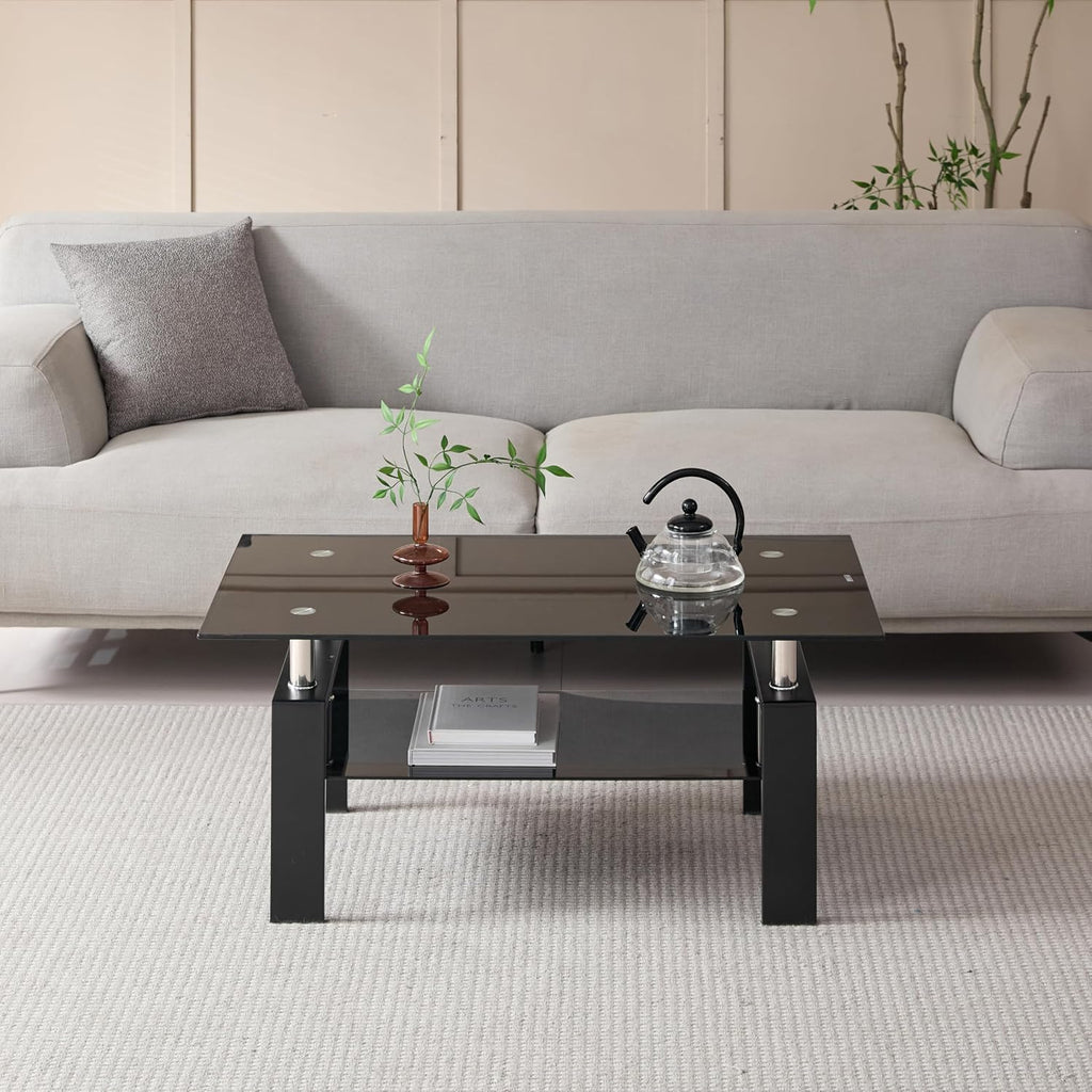 Glass Coffee Table for Living Room, Mordern Rectangle Tempered Glass Sofa Center Tables with Black Metal Leg for Home Office, Black