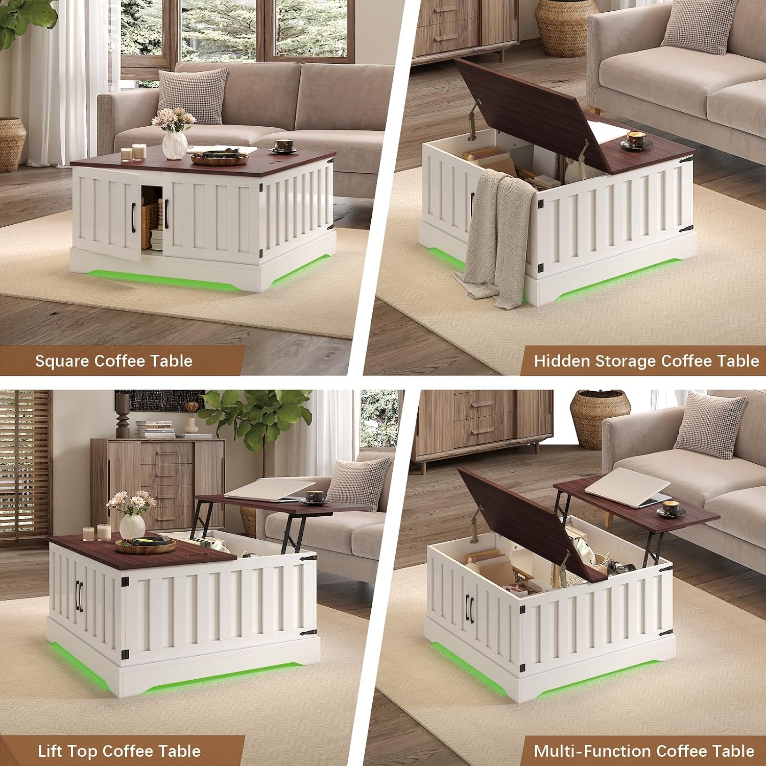 Square Lift Top Coffee Table with Storage, White Brown Led Coffee Table for Living Room with Large Hidden Storage, 30.7' Wood Table Led Center Table for Dining Reception Room