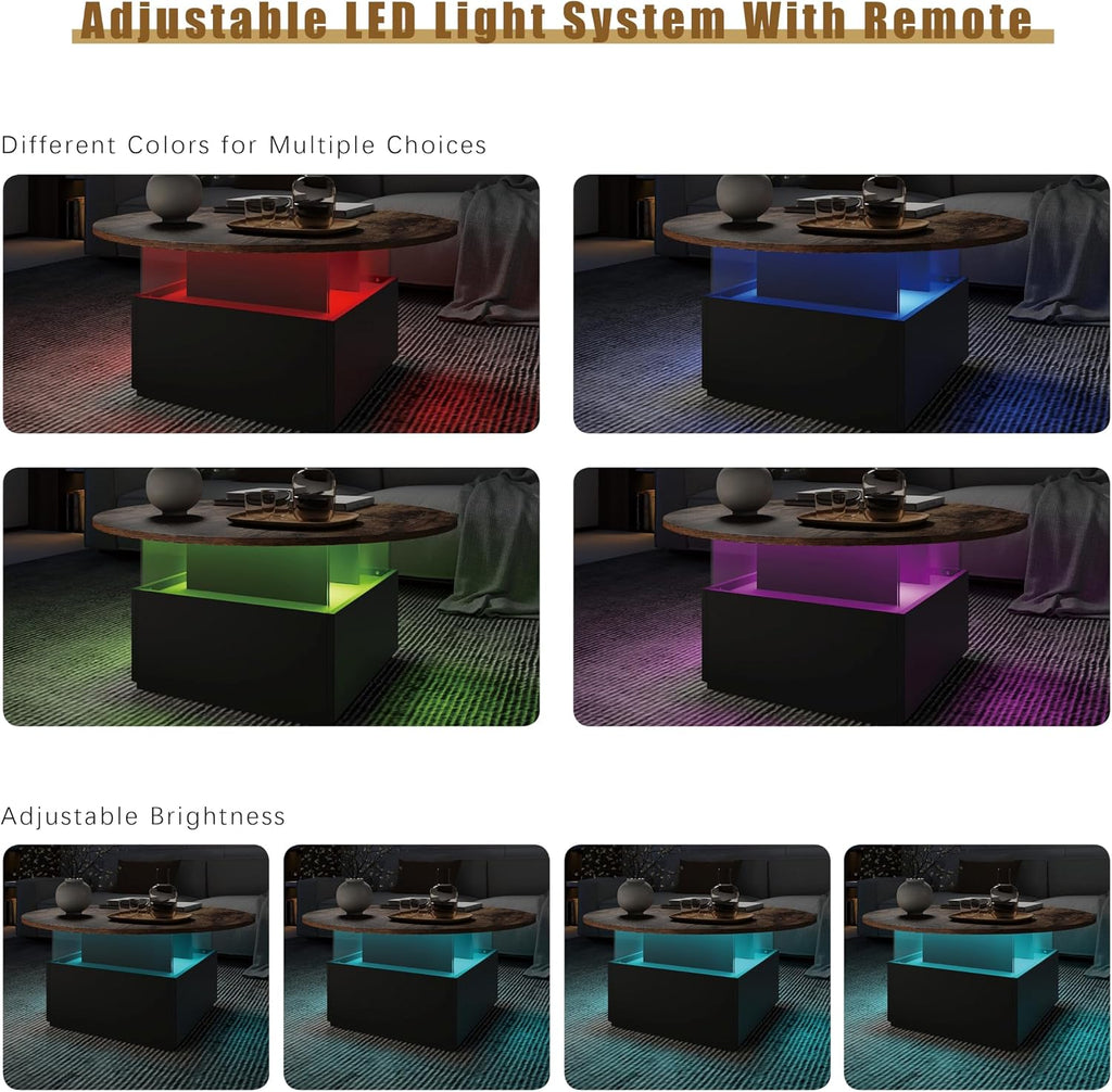 HedoAjim 31.5' Round Coffee Table for Living Room, LED Modern Living Room Table with Storage, Square Acrylic Coffee Tables with 2 Sliding Drawers, Wood Center Table for Reception Dinning Room, Rustic