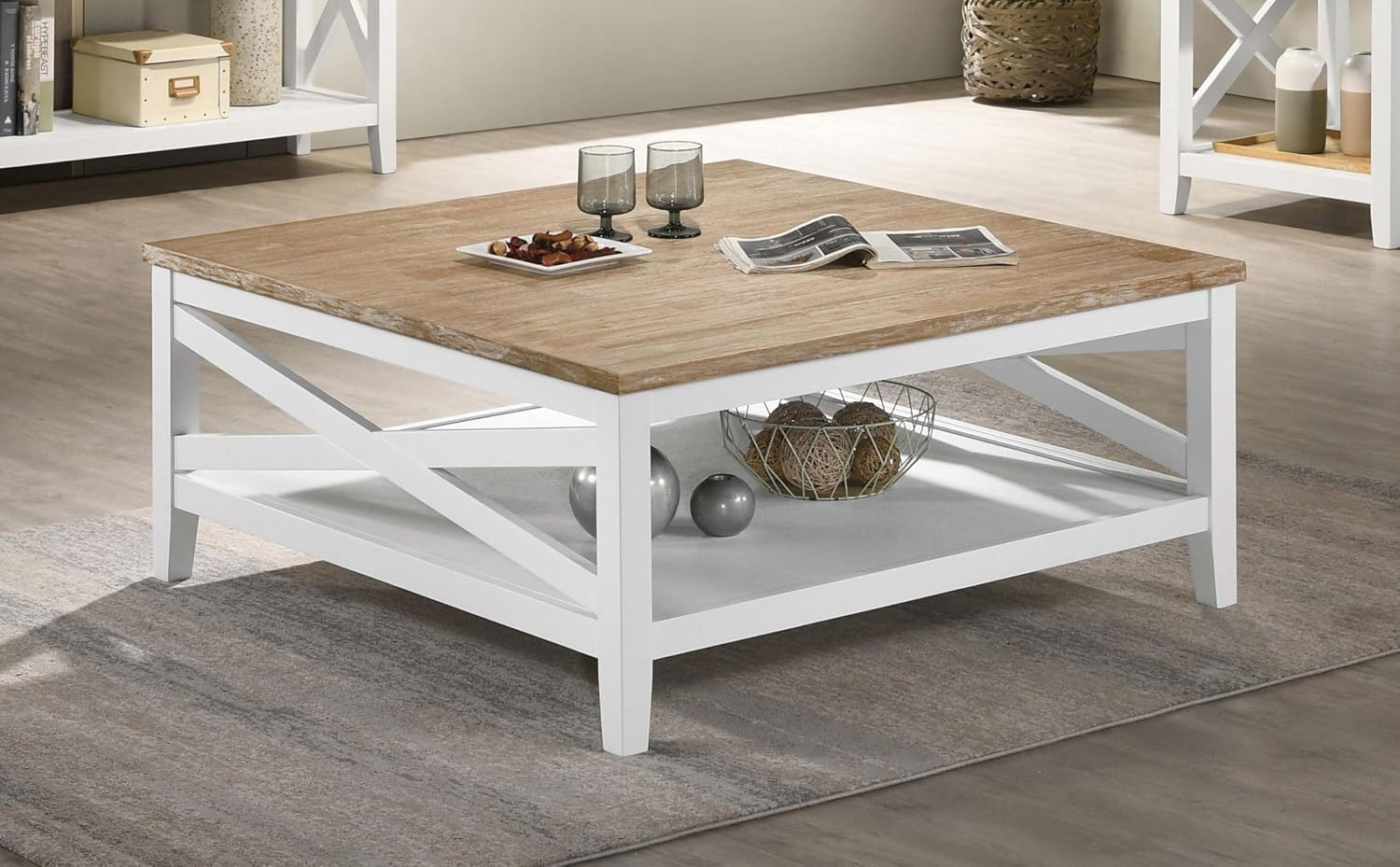 Coaster Home Furnishings - Hollis - Engineered Wood - Square Coffee Table with X-Cross Accents, Lower Shelf and Two-Tone Design - Living Room - 39-Inch - Brown and White - 708098