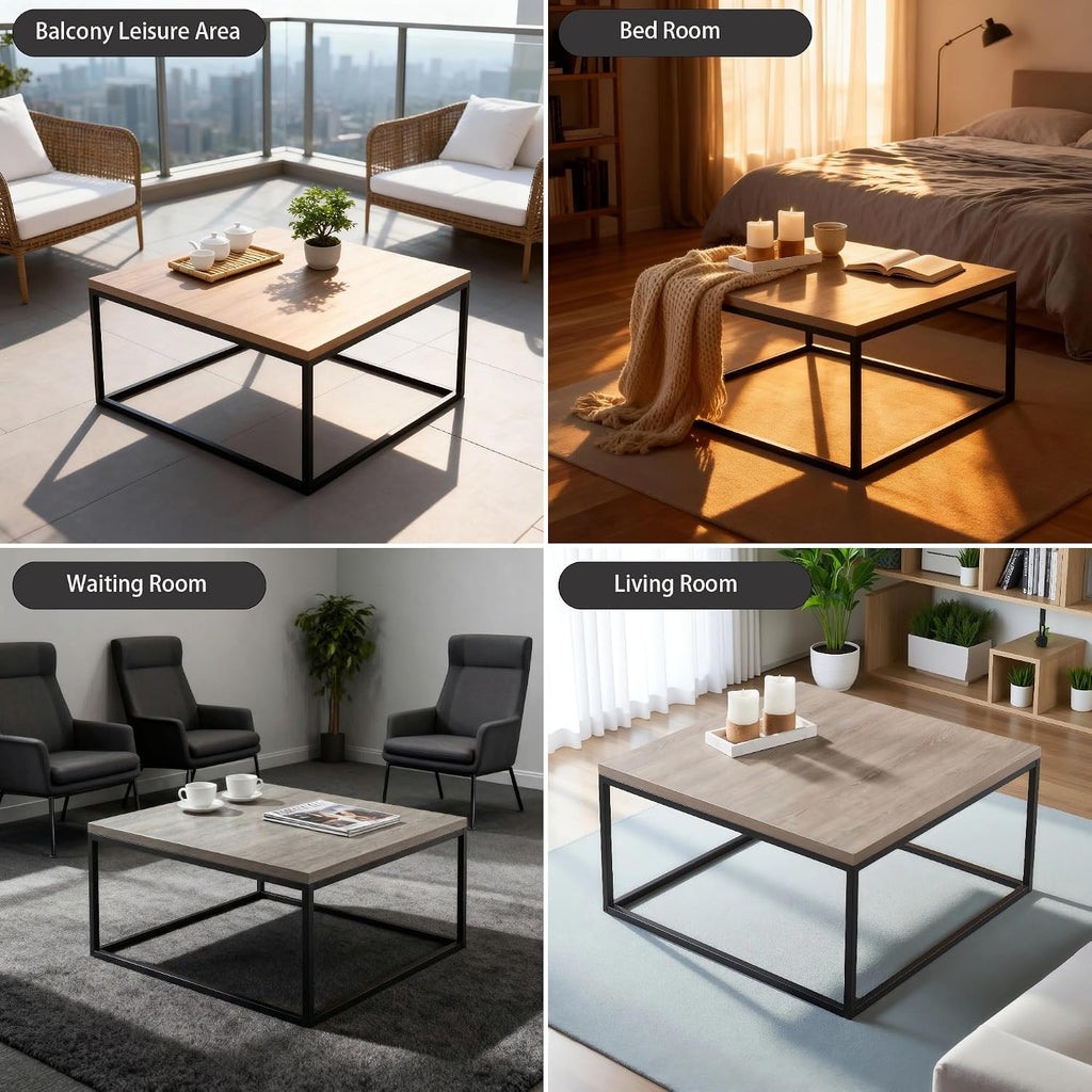 CENSI 30' Square Coffee Table, Grey Wash French Oak Wood Center Table for Living Room, Modern Industrial Metal Frame, Extra Thick 1.2' Top, Rustic Farmhouse Cocktail Table, Easy Assembly