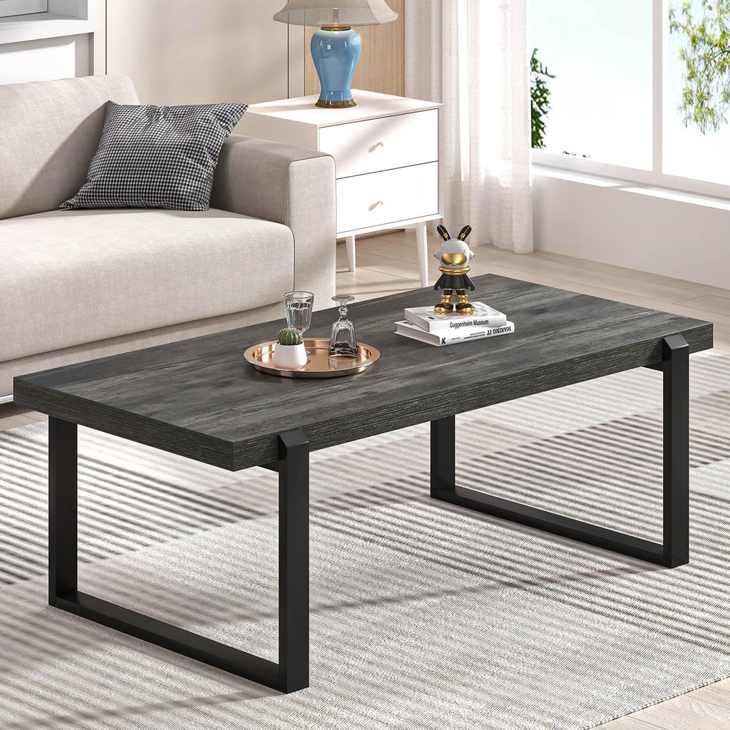 EXCEFUR Modern Coffee Table, Rustic Wood and Metal Center Table, Rectangle Cocktail Tea Table for Living Room, Grey, 44 Inch