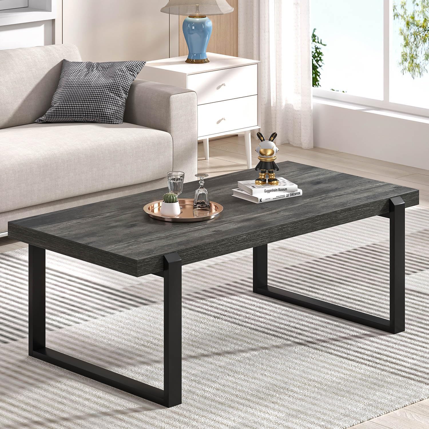 EXCEFUR Modern Coffee Table, Rustic Wood and Metal Center Table, Rectangle Cocktail Tea Table for Living Room, Grey, 44 Inch