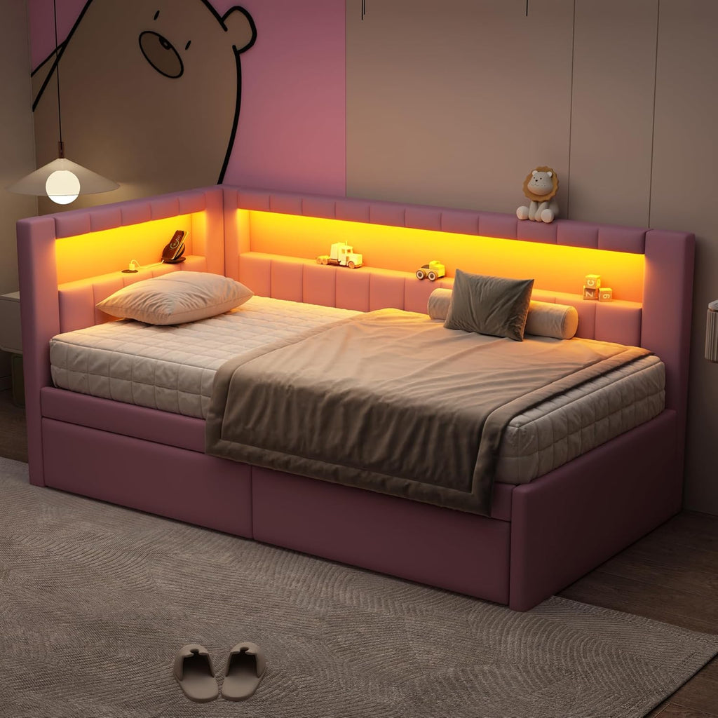 Twin Size Upholstered Daybed with Storage Drawers and LED, USB-Ports, L-Shaped Corner Unit Sofa Day Bed Frame with Storage Bookshelf, Girls, Kids, Adults, Boys, Pink