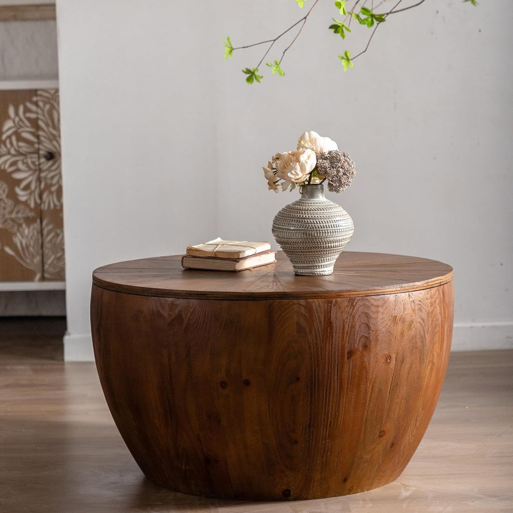31.5' Retro Style Bucket Shaped Coffee Table with Storage, Drum Center Table for Living Room, Apartment, Office, Dining Room, Brown, No Need Assembly
