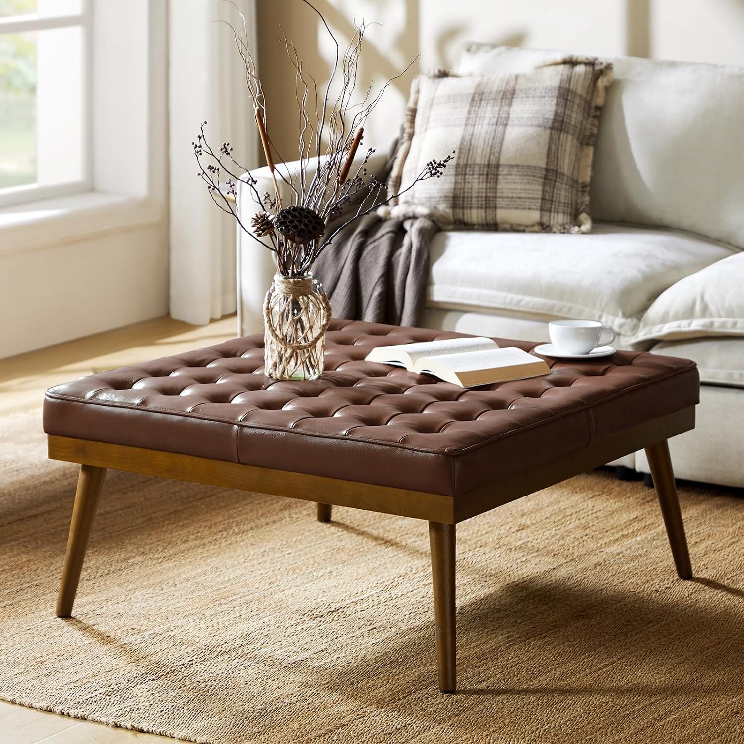 HULALA HOME Genuine Leather Square Coffee Table, Button Tufted Upholstered Ottoman Coffee Table with Solid Wooden Flared Legs, Mid-Century Modern Extra Seating for Living Room, Brown