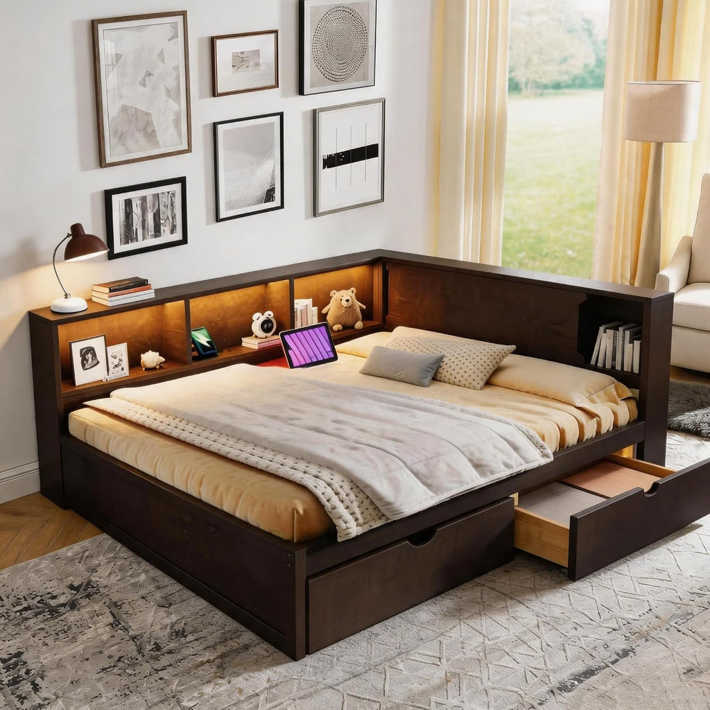 RuiSiSi Queen Size Daybed with L-Shape Bookshelf, Wood Corner Storage Bed Frame with Drawers and LED, Brown