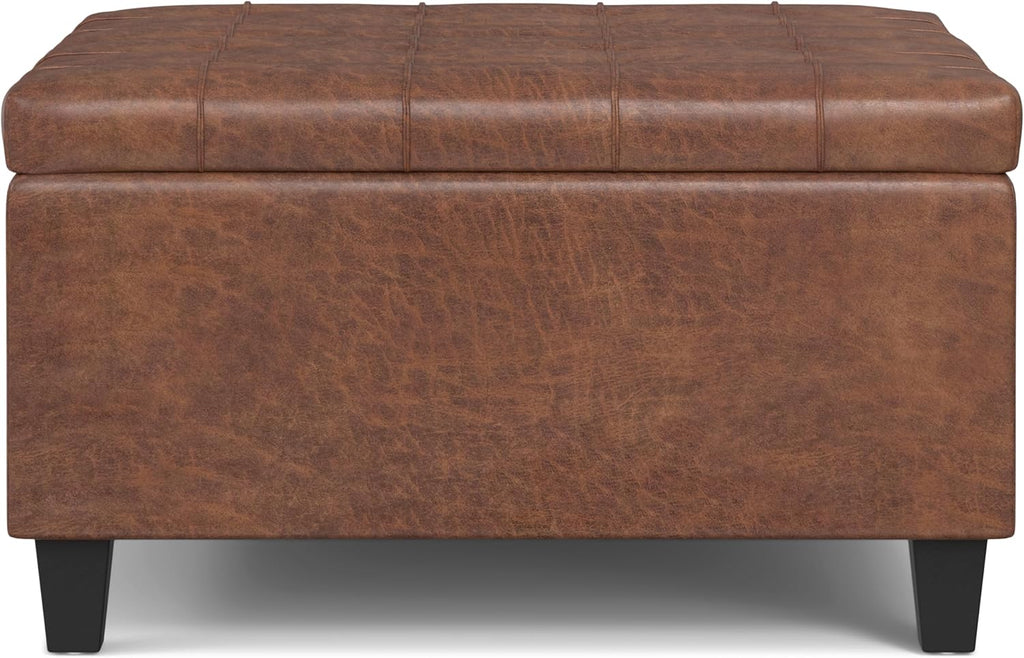 SIMPLIHOME Harrison Small Coffee Table Storage Ottoman - 30 inch Wide Upholstered Vegan Leather Square Lift-Top Ottoman in Distressed Saddle Brown, Transitional Ottoman for Living Room with Storage