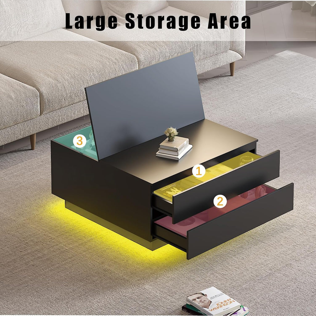HedoAjim Square Coffee Tables with Storages, Modern Black Coffee Table for Living Room, Flip Cover Coffee Tables and 2 Spacious Drawers, Coffee Table with LED Light