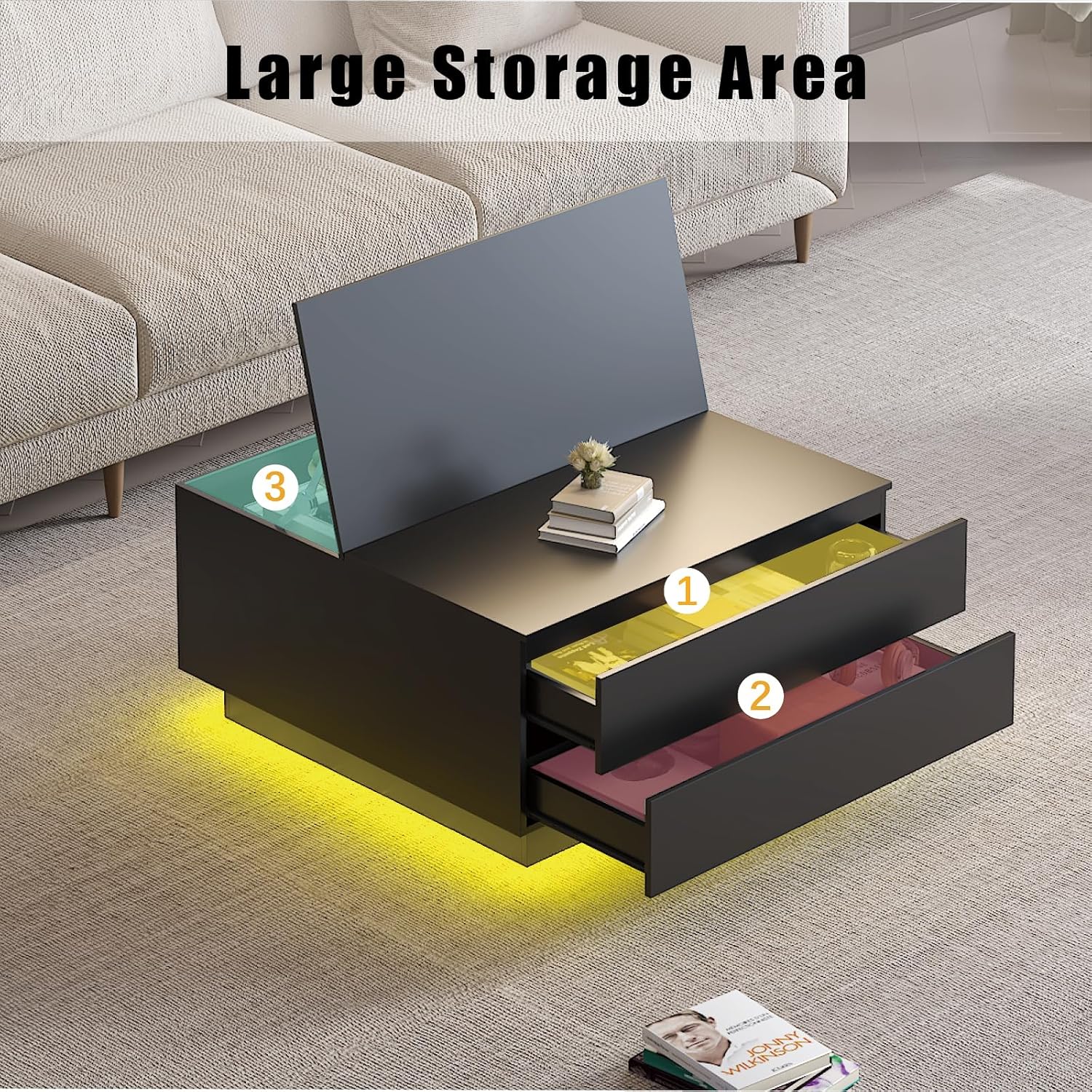 HedoAjim Square Coffee Tables with Storages, Modern Black Coffee Table for Living Room, Flip Cover Coffee Tables and 2 Spacious Drawers, Coffee Table with LED Light