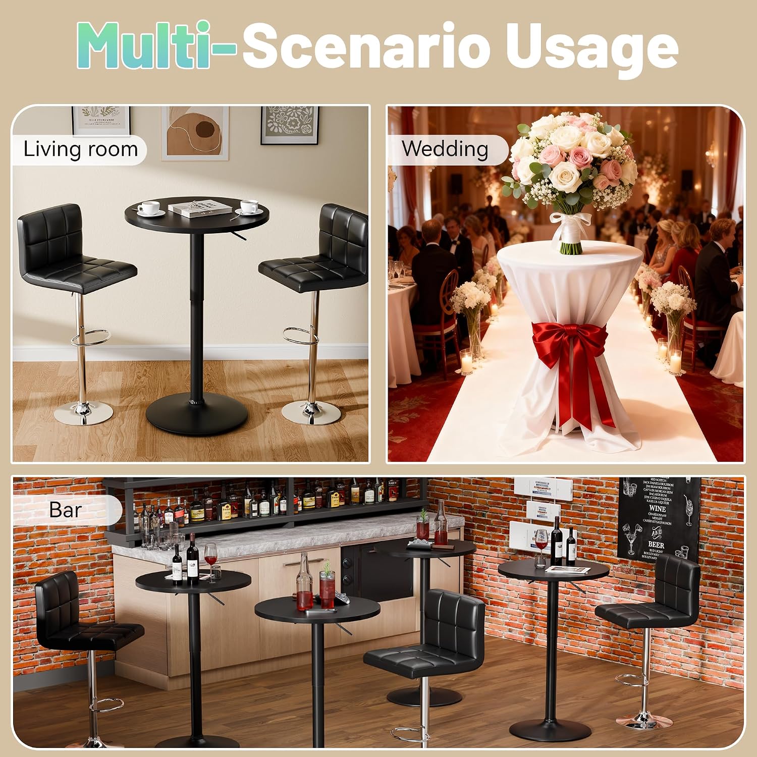 Furmax Bistro Pub Table Height Adjustable Round Bar Table 27.4-36 Inches, 360°Swivel Cocktail Table for Dining Room, Party, Café (4, Black)