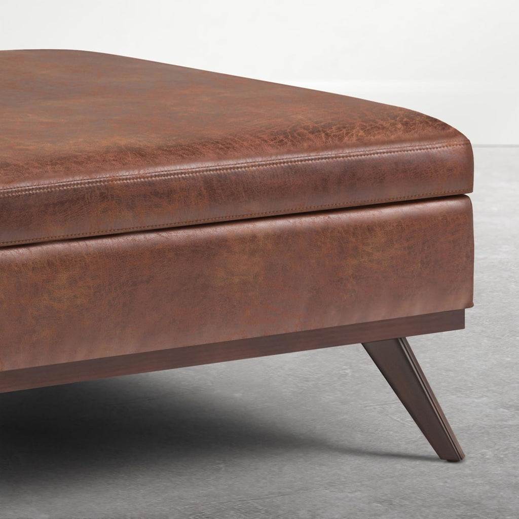 SIMPLIHOME Owen XL Coffee Table Storage Ottoman - 40 inch Wide Upholstered Vegan Leather Square Ottoman in Distressed Pecan Brown, Mid-Century Modern Ottoman for Living Room with Lift-Up Lid