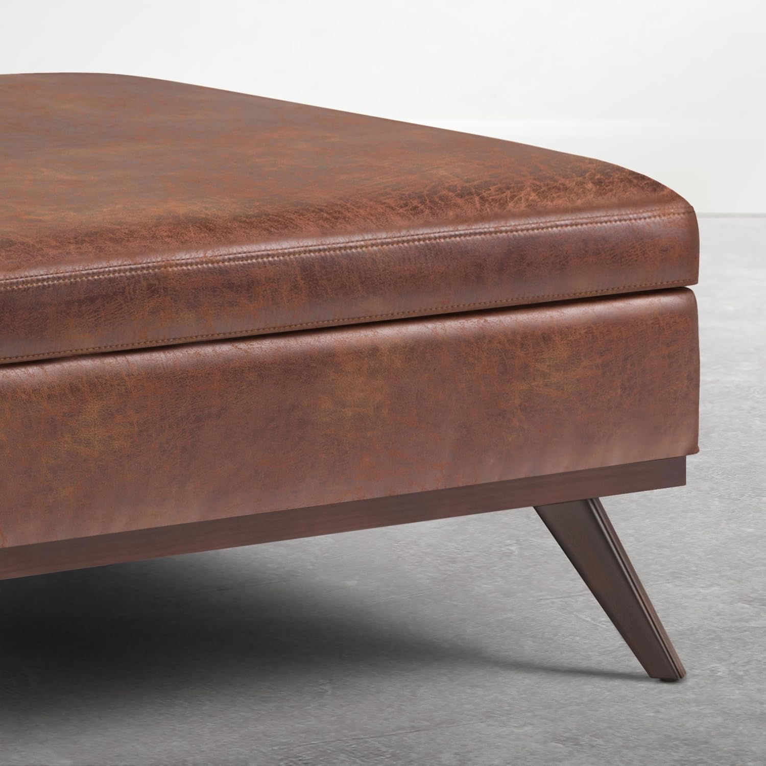 SIMPLIHOME Owen XL Coffee Table Storage Ottoman - 40 inch Wide Upholstered Vegan Leather Square Ottoman in Distressed Pecan Brown, Mid-Century Modern Ottoman for Living Room with Lift-Up Lid