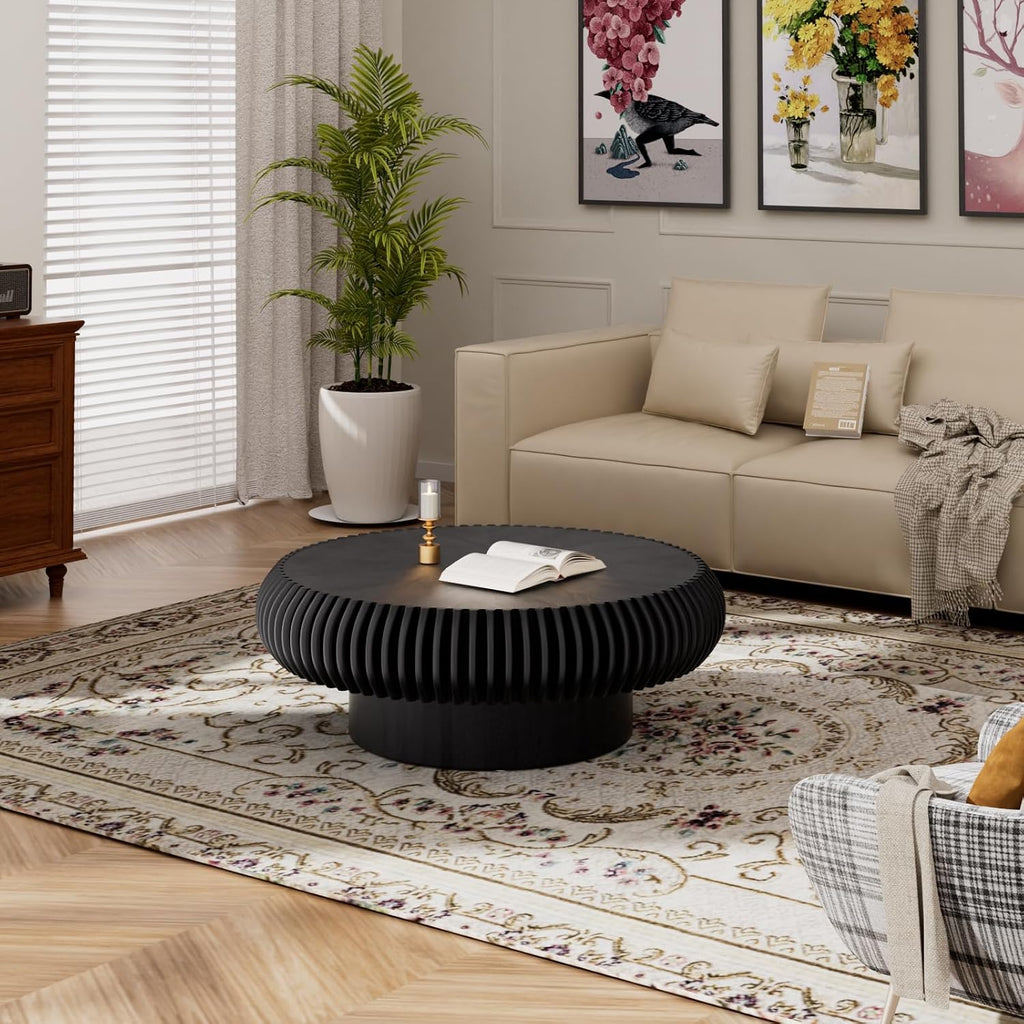 Round Coffee Table for Living Room Modern Black Fluted Coffee Table 31.4 inch Low Round Drum Coffee Tables for Living Room (Black, 31.4')