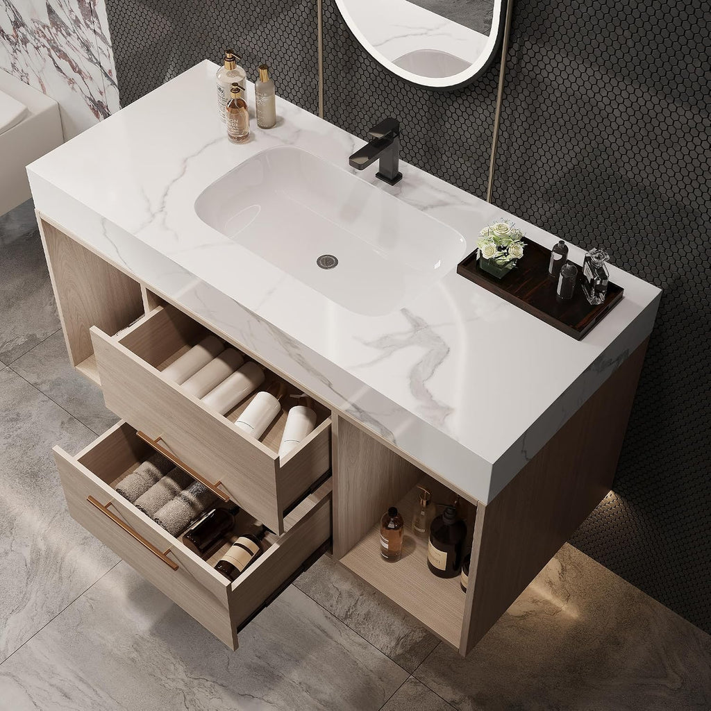 39.4' Bathroom Vanity with Oval Ceramic Sink, Floating Vanity Bathroom Sink Cabinet Wall Mount, Soft-Close Function 2 Large Hidden Drawers & Shelf