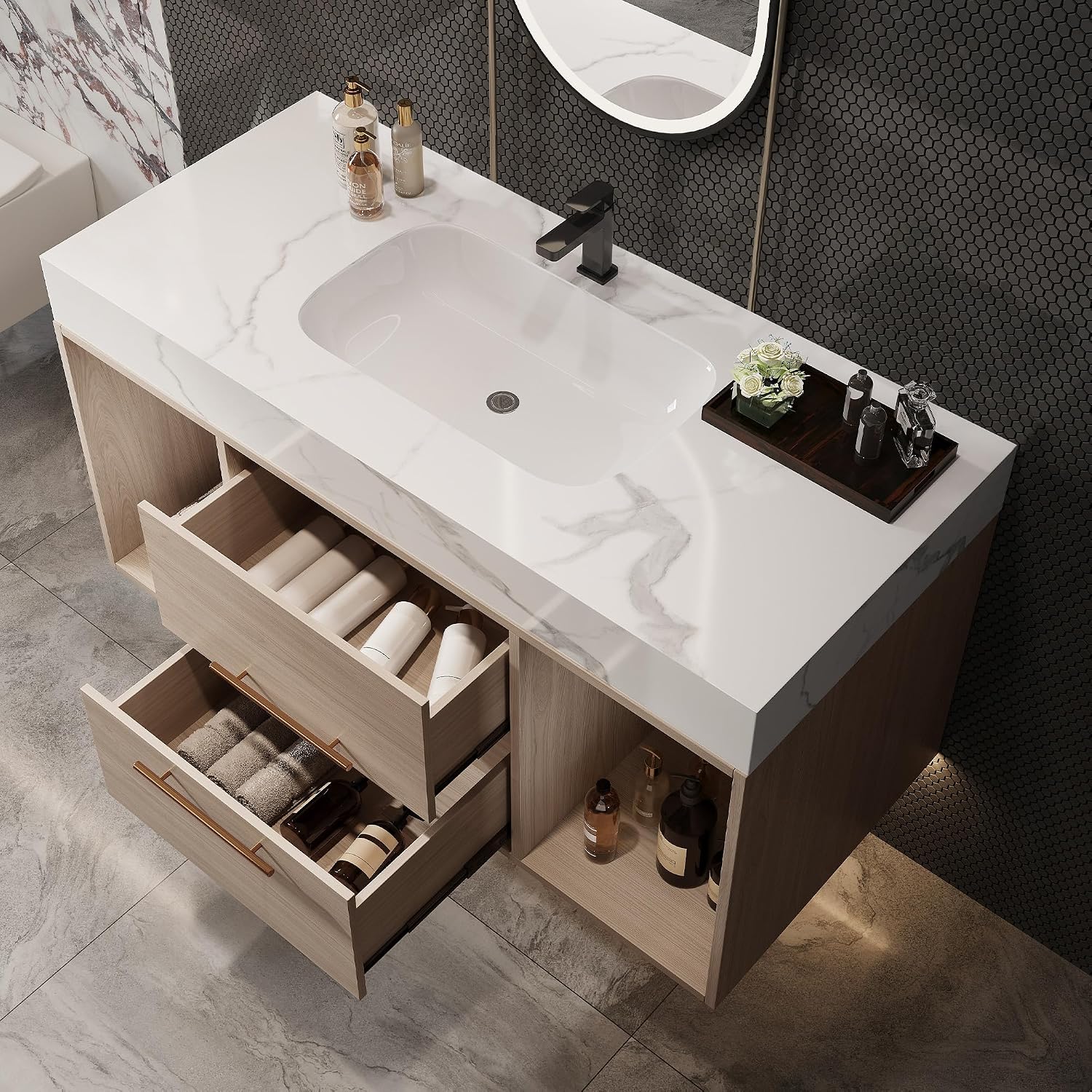 39.4' Bathroom Vanity with Oval Ceramic Sink, Floating Vanity Bathroom Sink Cabinet Wall Mount, Soft-Close Function 2 Large Hidden Drawers & Shelf