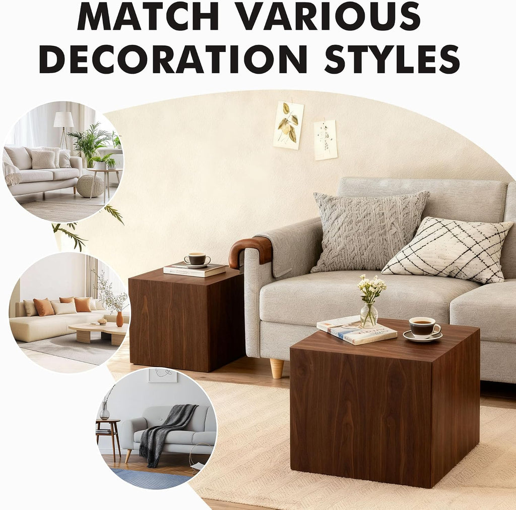 Square Nesting Tables for Living Room, Set of 2, Wood Nesting Coffee Table Walnut Veneer Mid Century Modern Small Accent Center End and Side Table Sets for Farmhouse Apartment Office