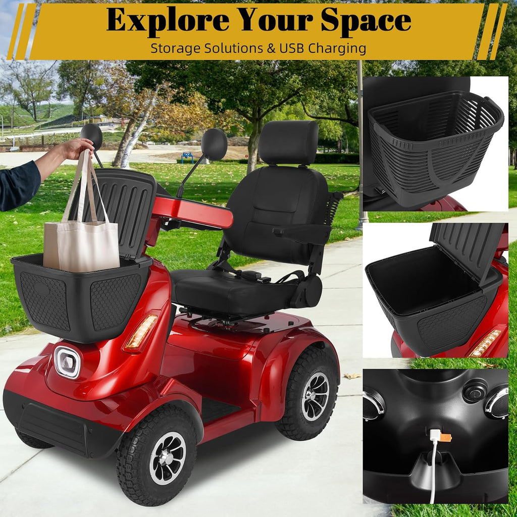 MS02 MAX All Terrain 1000W Electric Mobility Scooter for Adults& Seniors - 500LBS Load & 32 Miles Range Powerd Wheelchair Device w/Off-Road Absorber, Bluetooth Speaker, Dual Baskets, LED Light System