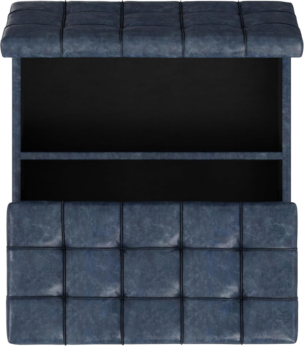 SIMPLIHOME Harrison Large Coffee Table Storage Ottoman - 40 inch Wide Upholstered Vegan Leather Square Lift-Top Ottoman in Denim Blue, Transitional Bench for Living Room with Sturdy Base