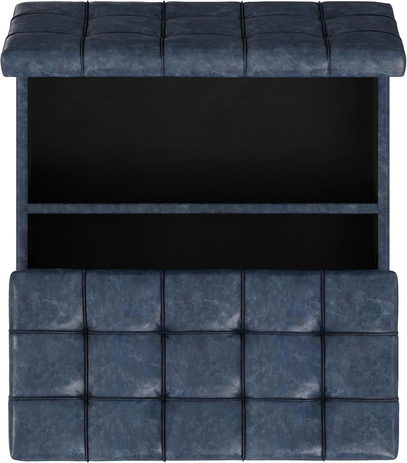 SIMPLIHOME Harrison Large Coffee Table Storage Ottoman - 40 inch Wide Upholstered Vegan Leather Square Lift-Top Ottoman in Denim Blue, Transitional Bench for Living Room with Sturdy Base