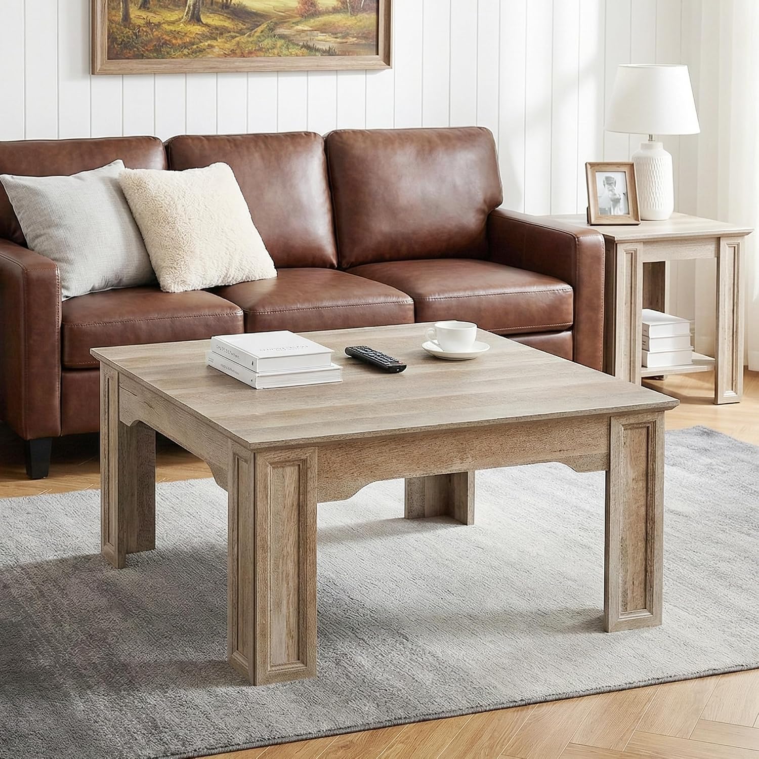 Square Coffee Table for Living Room, 39.4'' Farmhouse Wood Grain Finish Coffee Table with Carved Legs, Rustic Simple Style Center Table, Easy Assembly, Grey Wood
