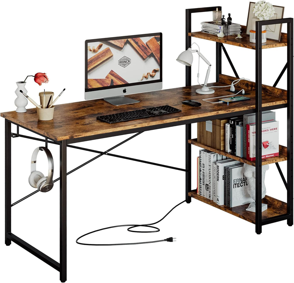 IRONCK Computer Desk 55' with Power Outlet and Storage Shelves, Study Writing Table with USB Ports Charging Station, PC Desk Workstation for Home Office, Rustic Brown
