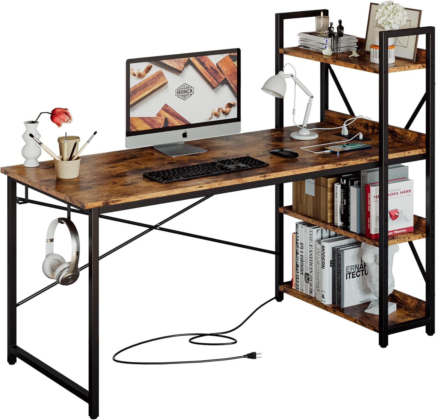 IRONCK Computer Desk 55' with Power Outlet and Storage Shelves, Study Writing Table with USB Ports Charging Station, PC Desk Workstation for Home Office, Rustic Brown