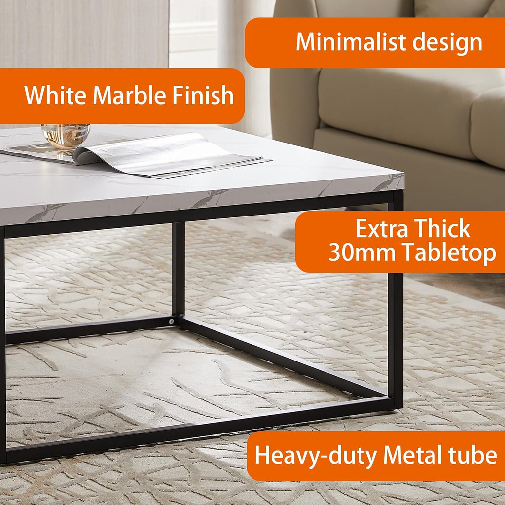 CENSI 30' Square Coffee Table, White Faux Marble Center Table for Living Room, Modern Minimalist Cocktail Table with Black Metal Frame, Extra Thick 1.2' Wood Top, Sturdy & Easy Assembly