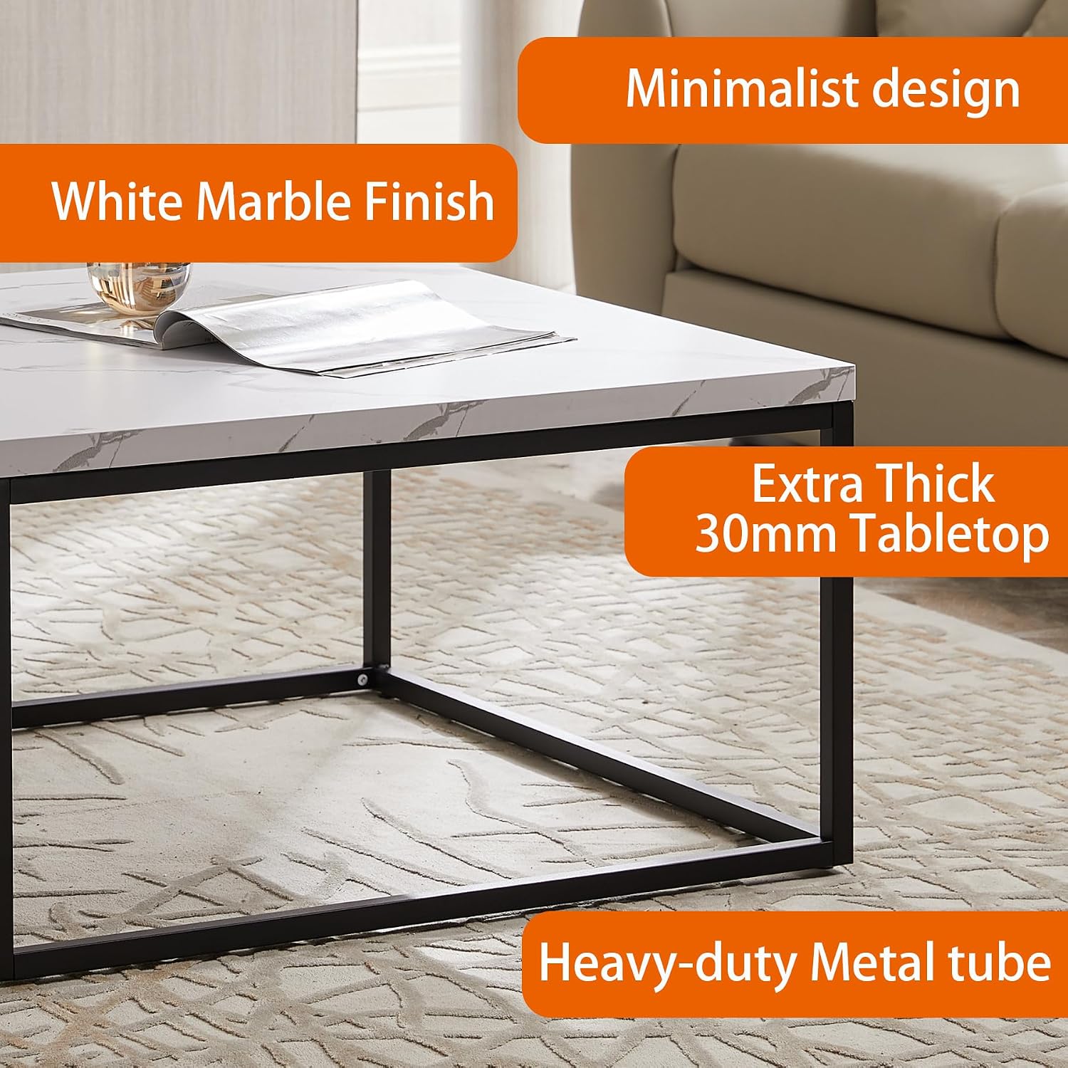 CENSI 30' Square Coffee Table, White Faux Marble Center Table for Living Room, Modern Minimalist Cocktail Table with Black Metal Frame, Extra Thick 1.2' Wood Top, Sturdy & Easy Assembly