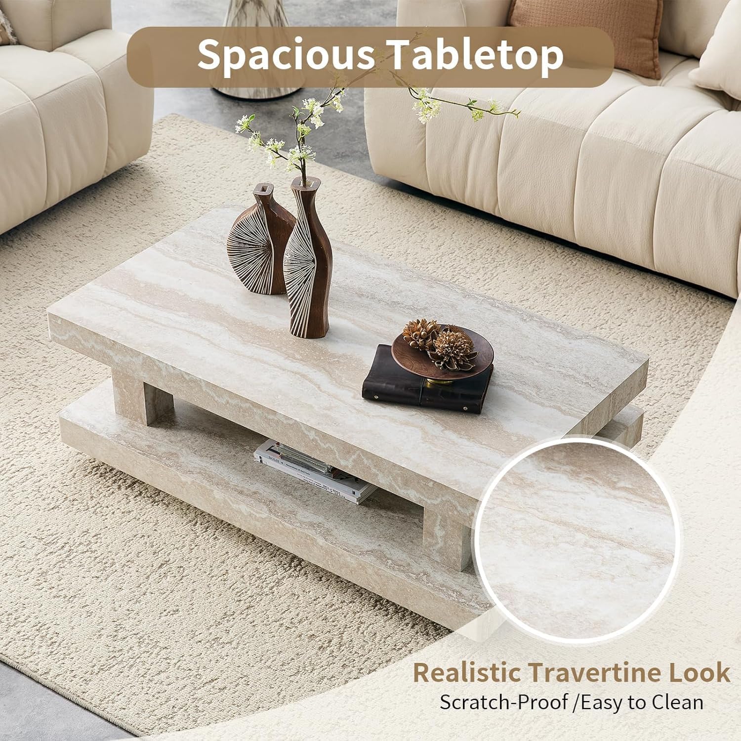 LKTART 43.3' Coffee Table, 2-Tier Stone Travertine Pattern Center Table with Open Storage, Mid Century Rectangular Wood Tea Table for Living Room, Bedroom, Office