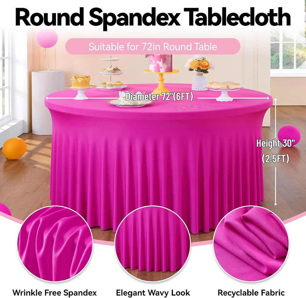 leegleri 6 Pack 72inch Spandex Hot Pink Round Tablecloth, Stretchy 132inch Fitted 6FT Round Table Cloths, Wrinkle Free Table Cover with Skirt for Wedding Birthday Party Bridal Shower Banquet