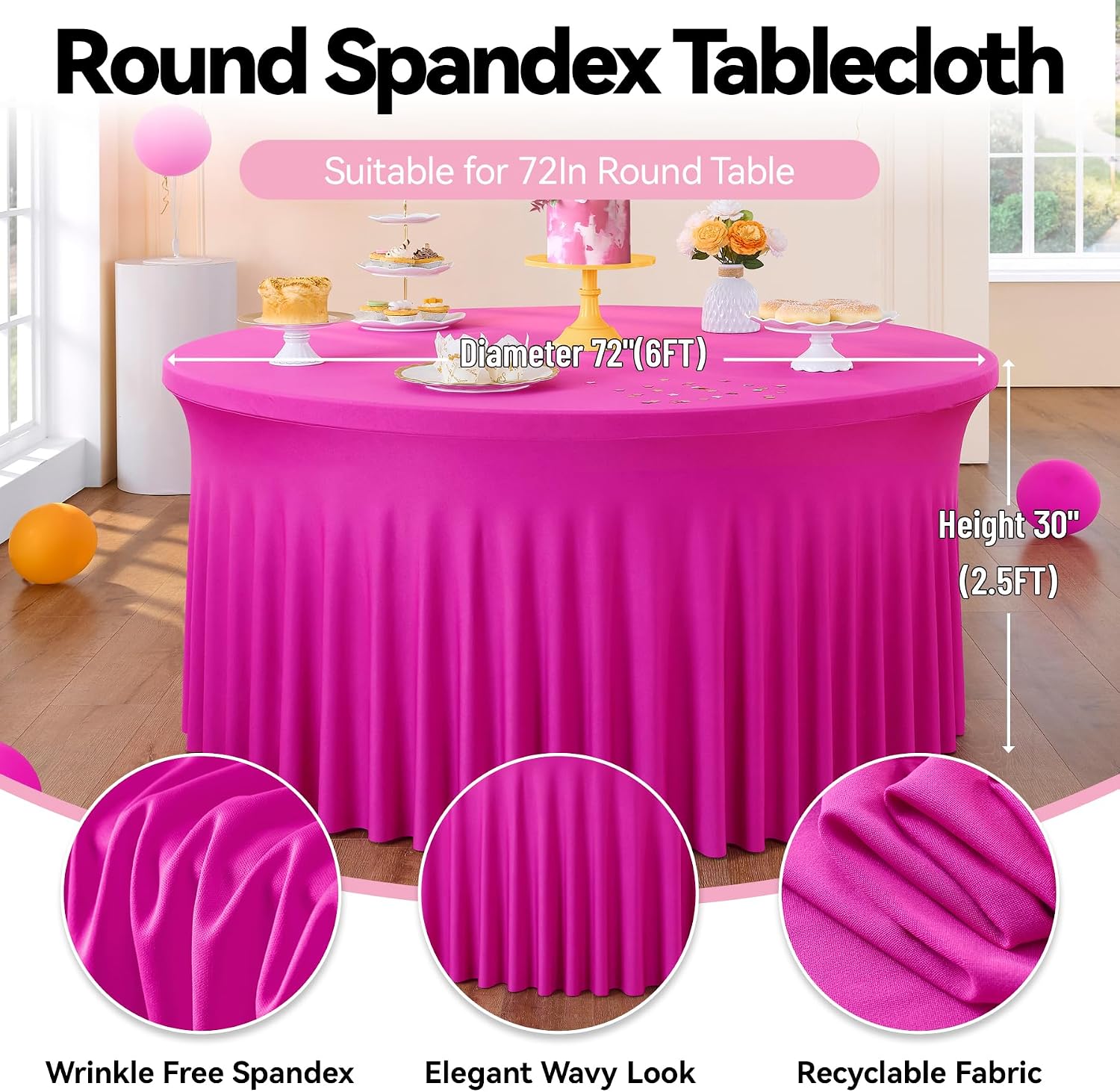 leegleri 6 Pack 72inch Spandex Hot Pink Round Tablecloth, Stretchy 132inch Fitted 6FT Round Table Cloths, Wrinkle Free Table Cover with Skirt for Wedding Birthday Party Bridal Shower Banquet