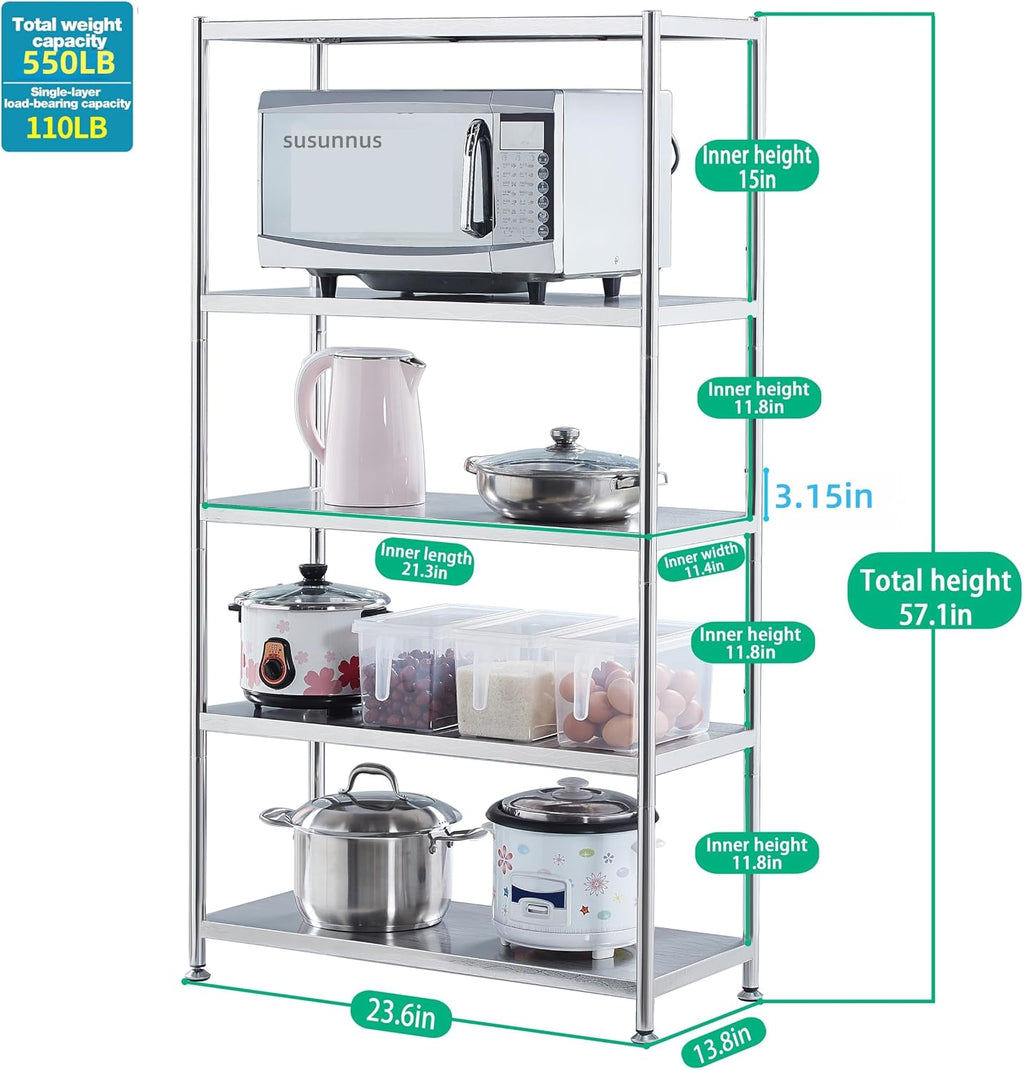 susunnus Stainless Steel Shelves 23.6in-5 Tier, Stainless Steel Shelf Organizer, Kitchen Storage Shelves,Artistic Texture, Pragmatic & Sturdy & Waterproof