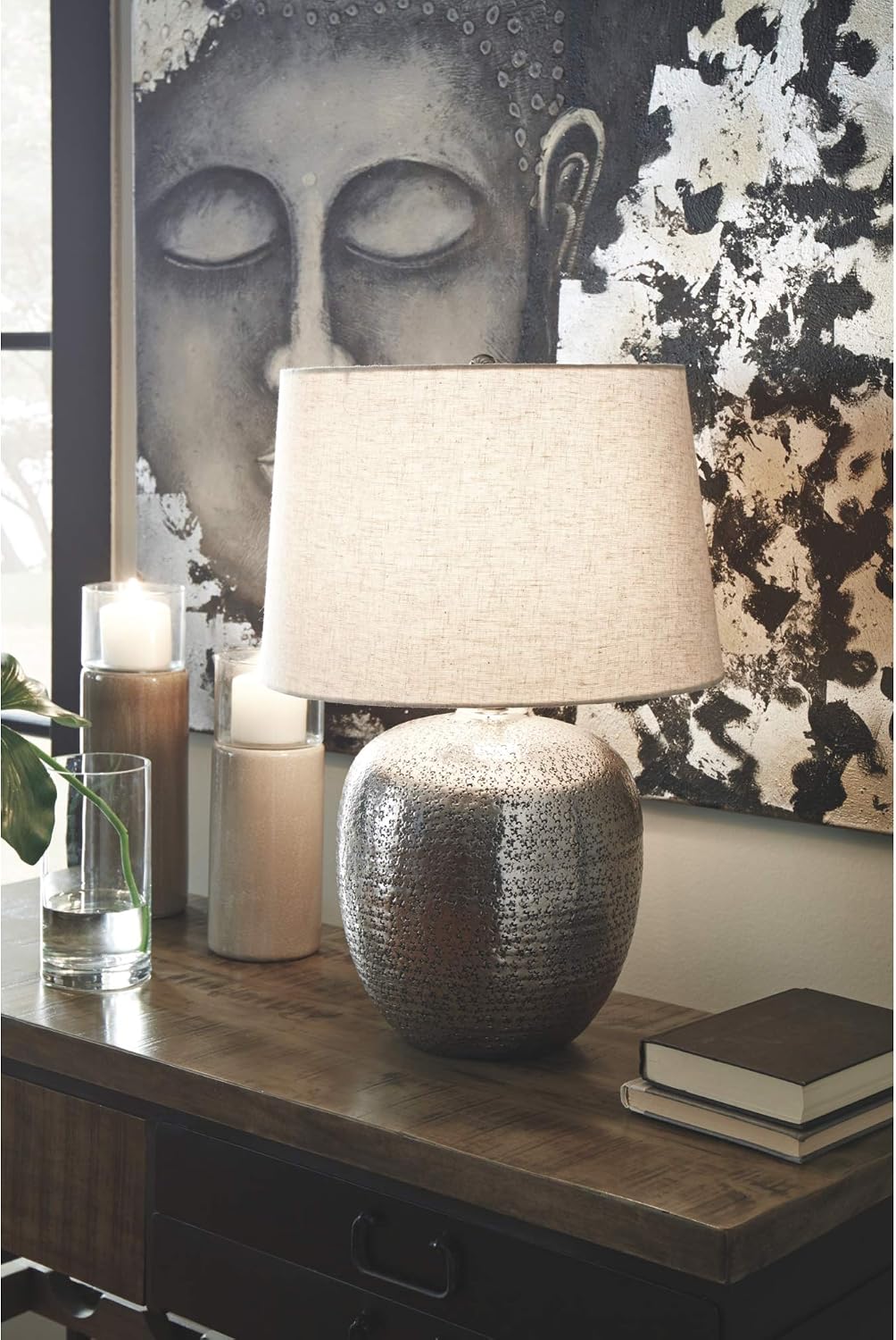 Signature Design by Ashley Magalie Contemporary UL Listed Table Lamp with Modified Drum Shade, 3-Way Switch, Hammered Aluminum, 23.13' High, Antique Silver