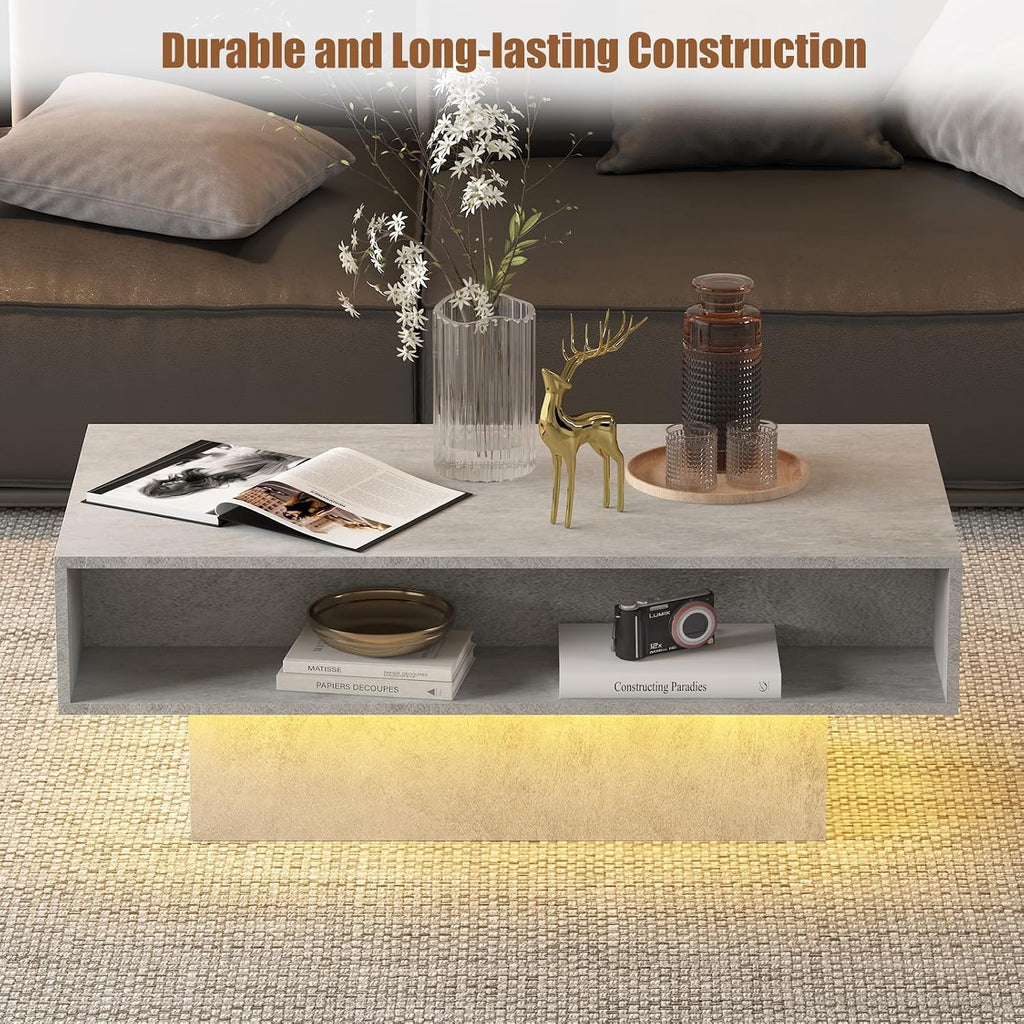 Grey Coffee Table with Storage, Rectangular Center Table for Living Room, Modern High Glossy Farmhouse Grey Coffee Table with 16 Colors LED Lights, Wooden Living Room Table, Pullout Storage