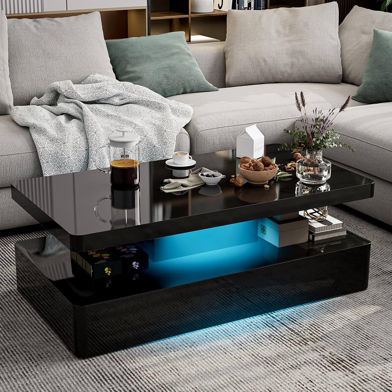 IKIFLY LED High Glossy Coffee Table, Modern Coffee Table for Living Room, 2 Tiers Rectangle Design Table with 16 Colors LED Lights Black