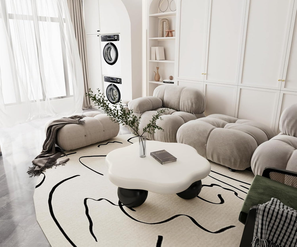 35.03' Cloud Coffee Table for Living Room Unique Coffee Table Modern Low Coffee Tables Cute Center Table with 3 Ball Legs for Small Space Apartment Cream Flower-White & Black