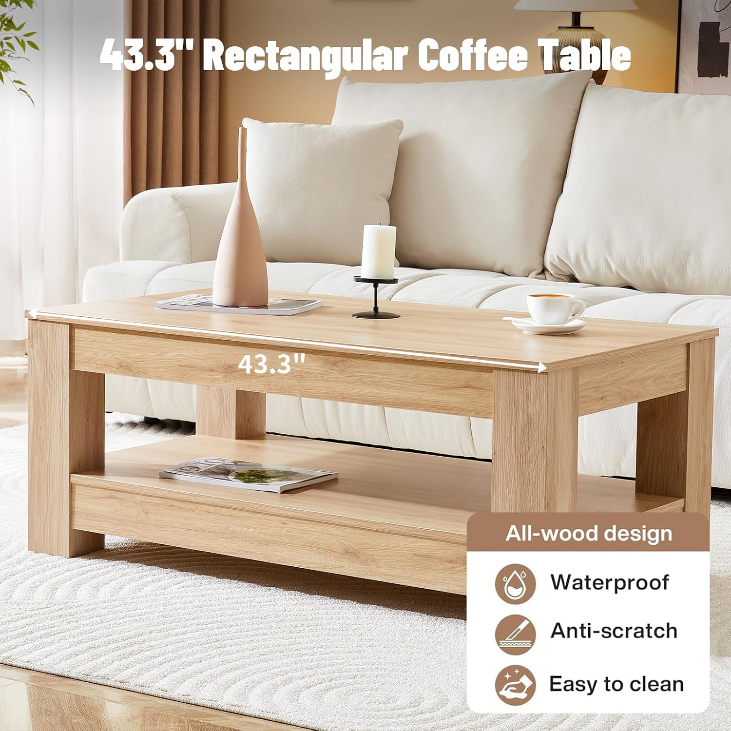 LKTART 43.3' Coffee Table with Storage, 2-Tier Mid Century Rectangular Accent Table with Thick Tabletop, Rustic Style Cocktail, Center Table for Living Room, Office, Apartment (Natural Wood)