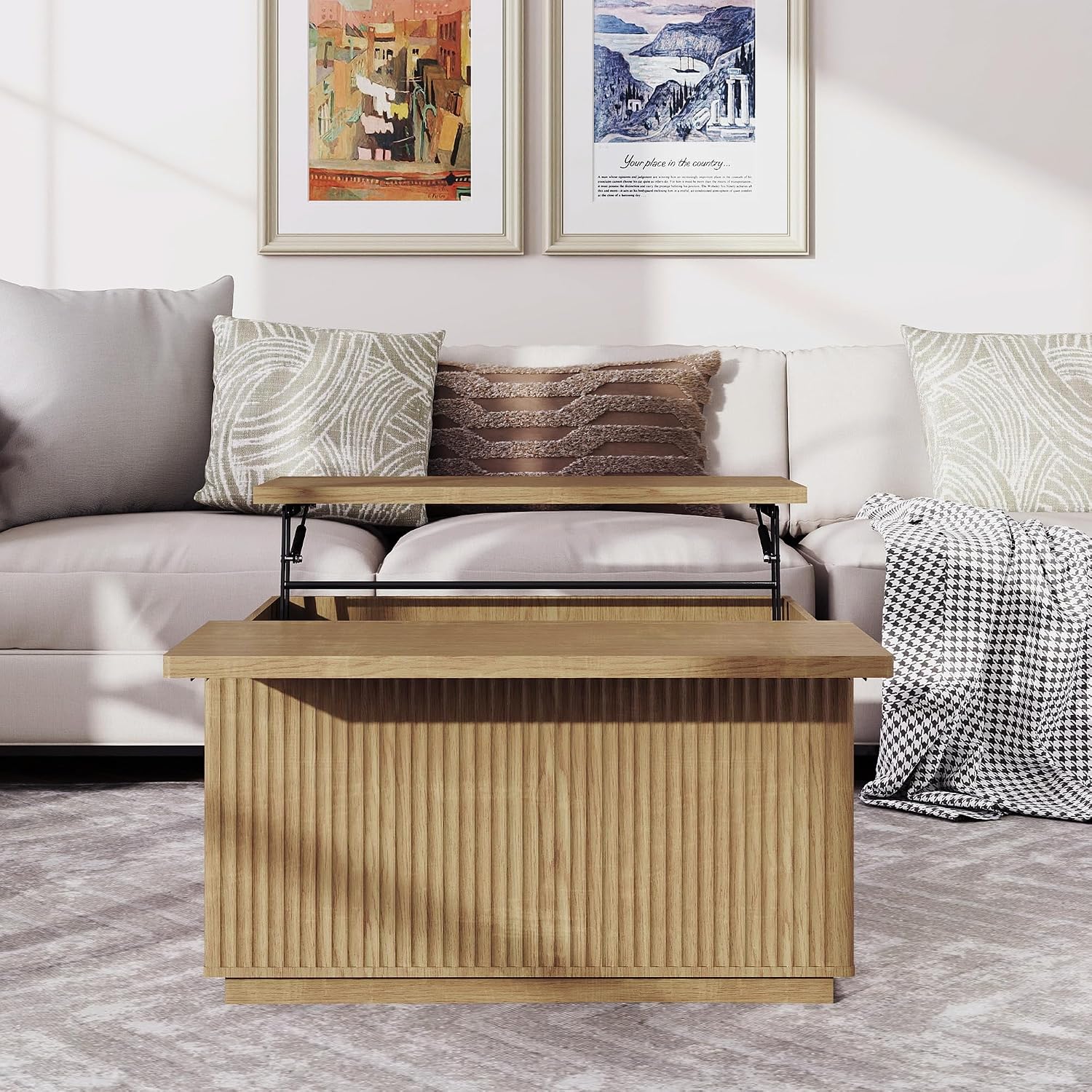 Fluted Coffee Table with Lifting Top, 31.5' Square Coffee Table with Storage, Mid Century Modern Center Table for Living Room, Home Office, Natural Oak