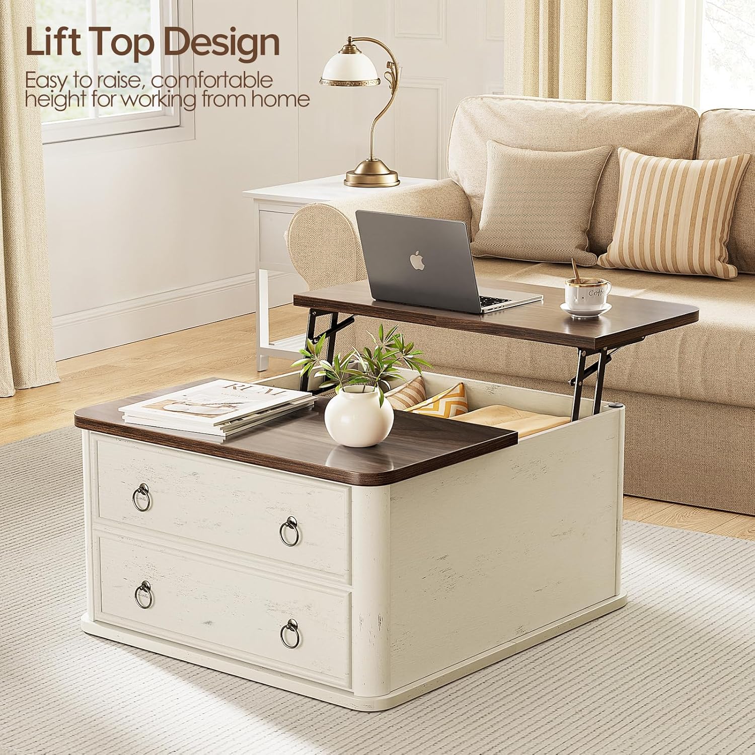 Memobarco 31.5' Lift Top Coffee Table with Storage,Square Coffee Tables with Lifting top for Living Room,Farmhouse Coffee Table with Storage Drawers and Large Hidden Compartment,Rustic White+Walnut